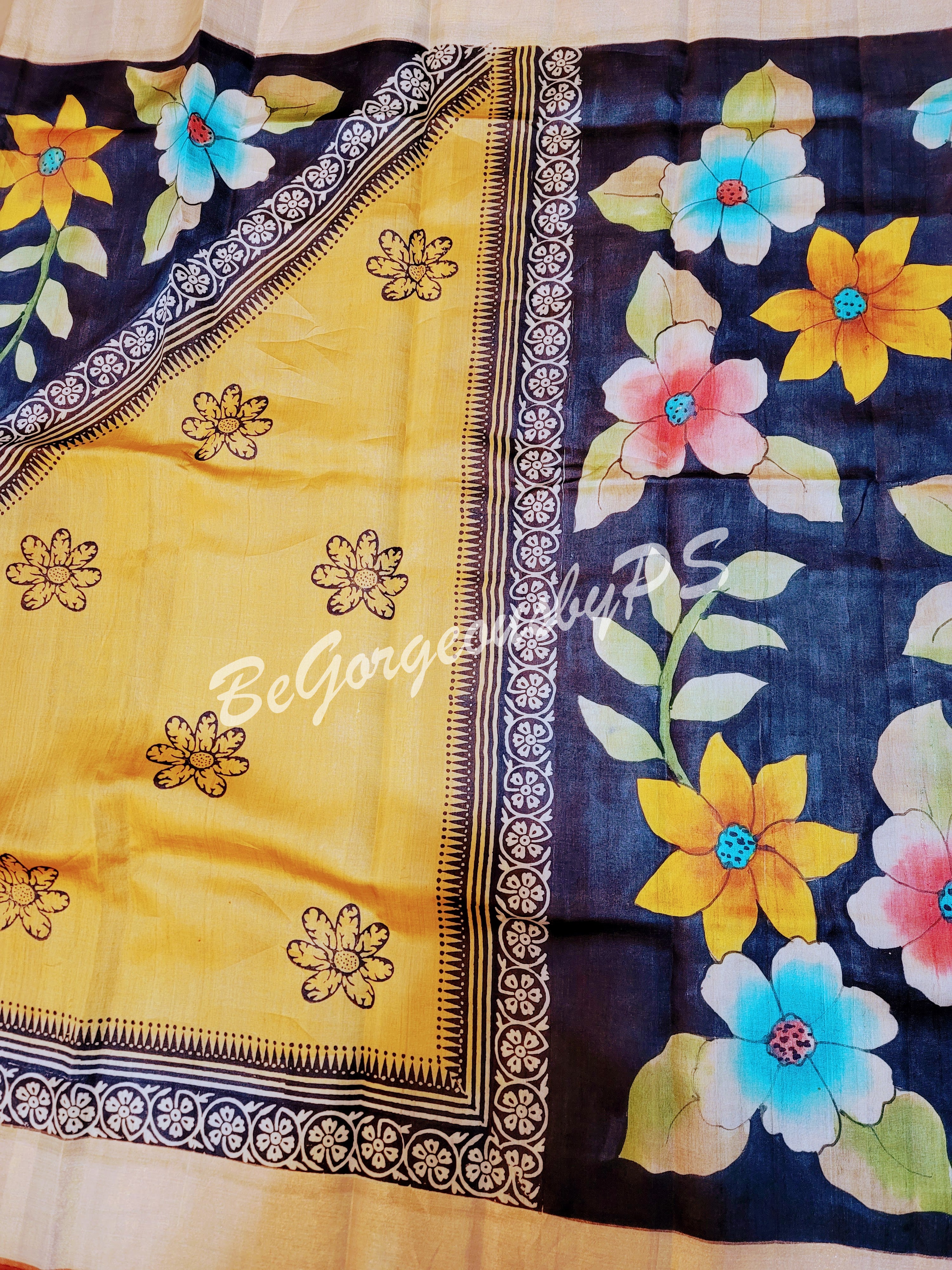 TUSSAR HAND PAINTED MUSTARD BLACK SAREE