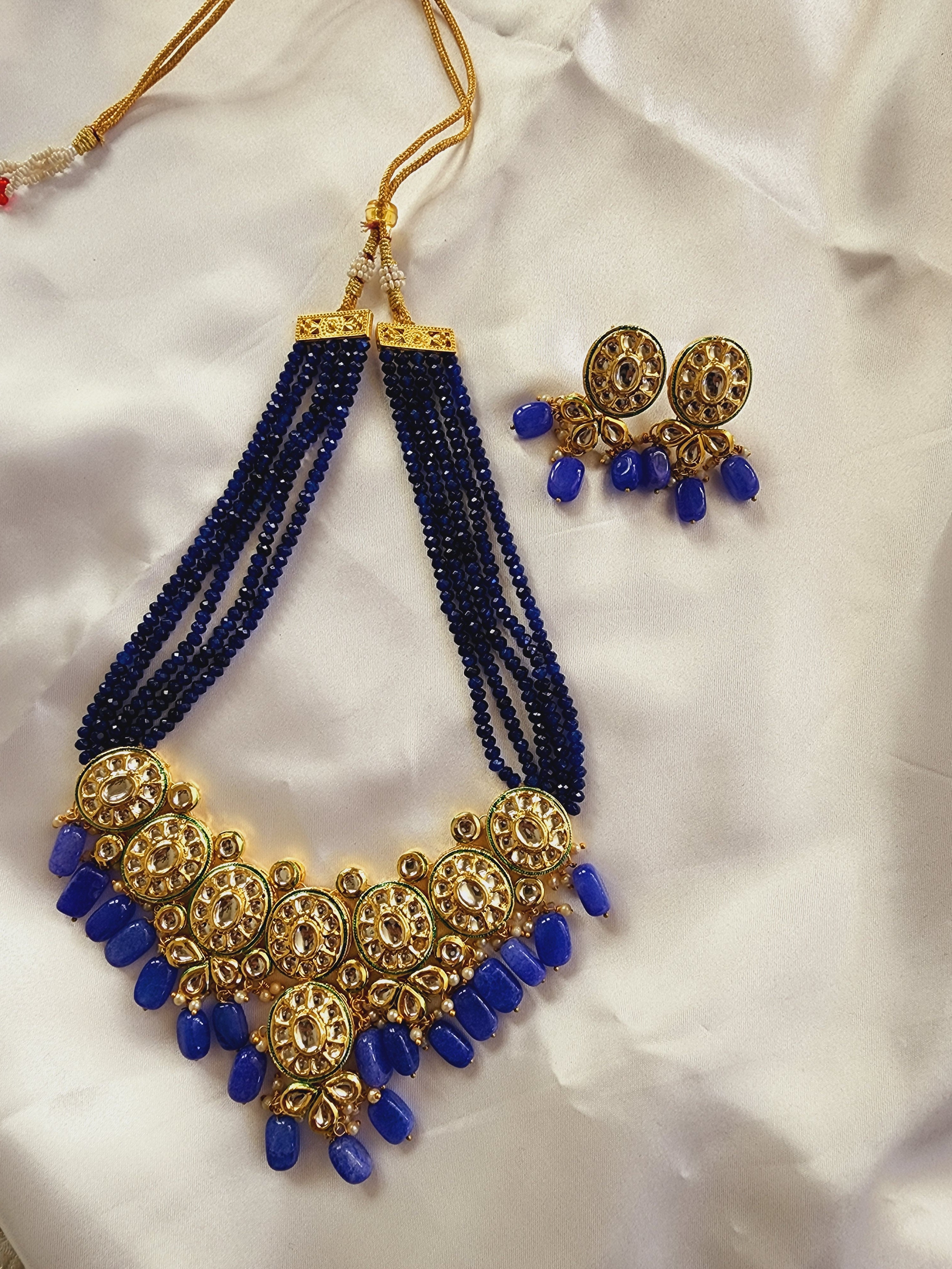 Long Polki Kundan Necklace Blue