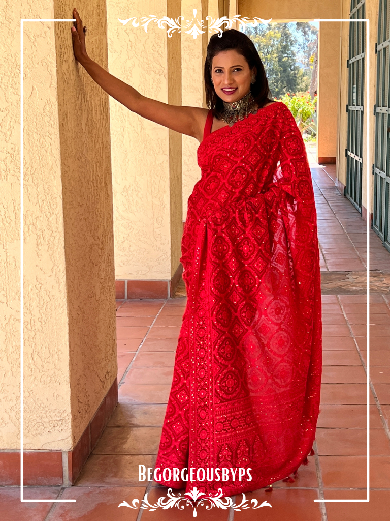 Chikankari with sequin Red
