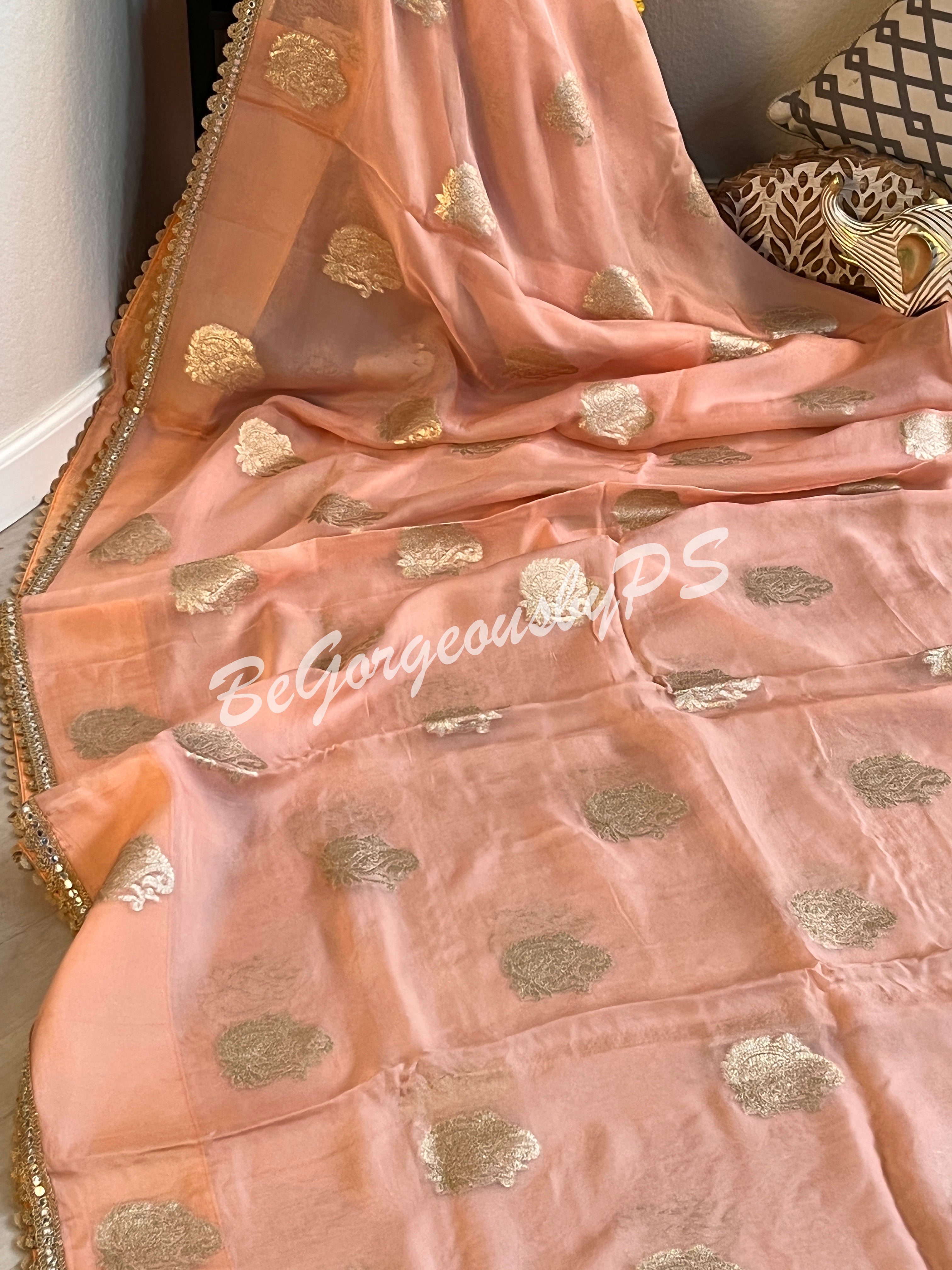 Organza wiith butta and semistitched blouse peach