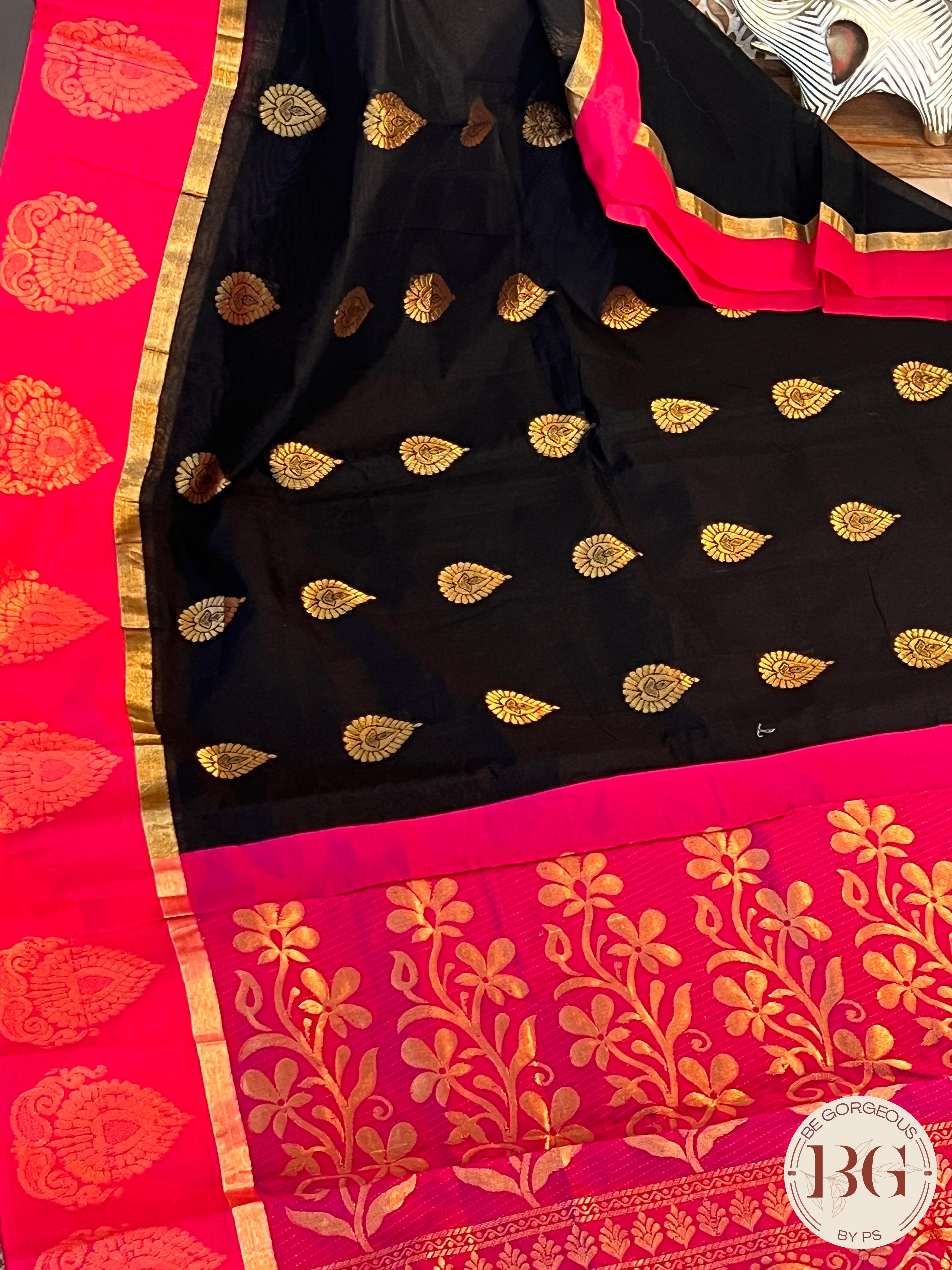 COTTON SILK SAREE WITH BEAUTIFUL WOVEN MOTIFS BLACK/PINK