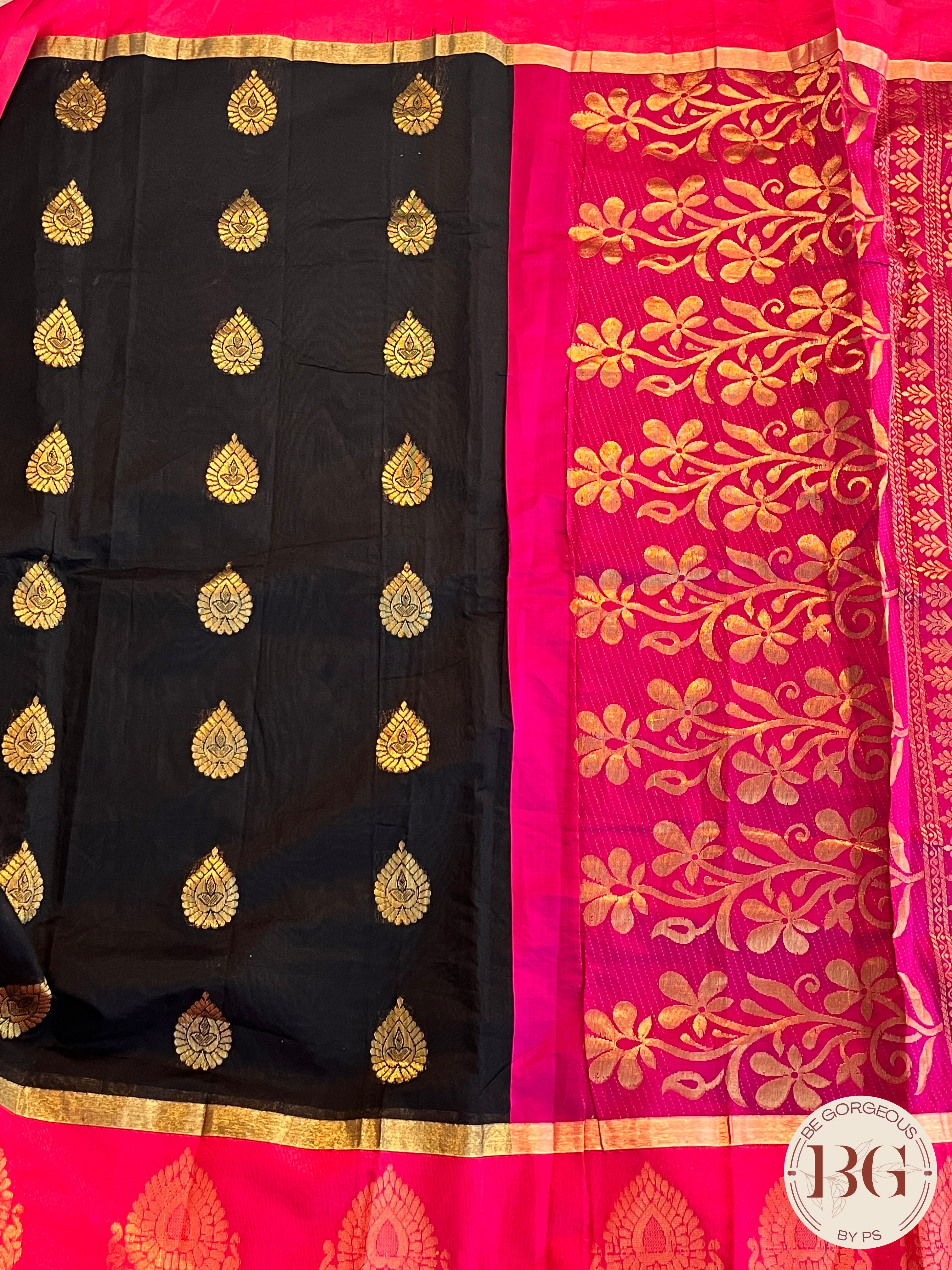 COTTON SILK SAREE WITH BEAUTIFUL WOVEN MOTIFS BLACK/PINK