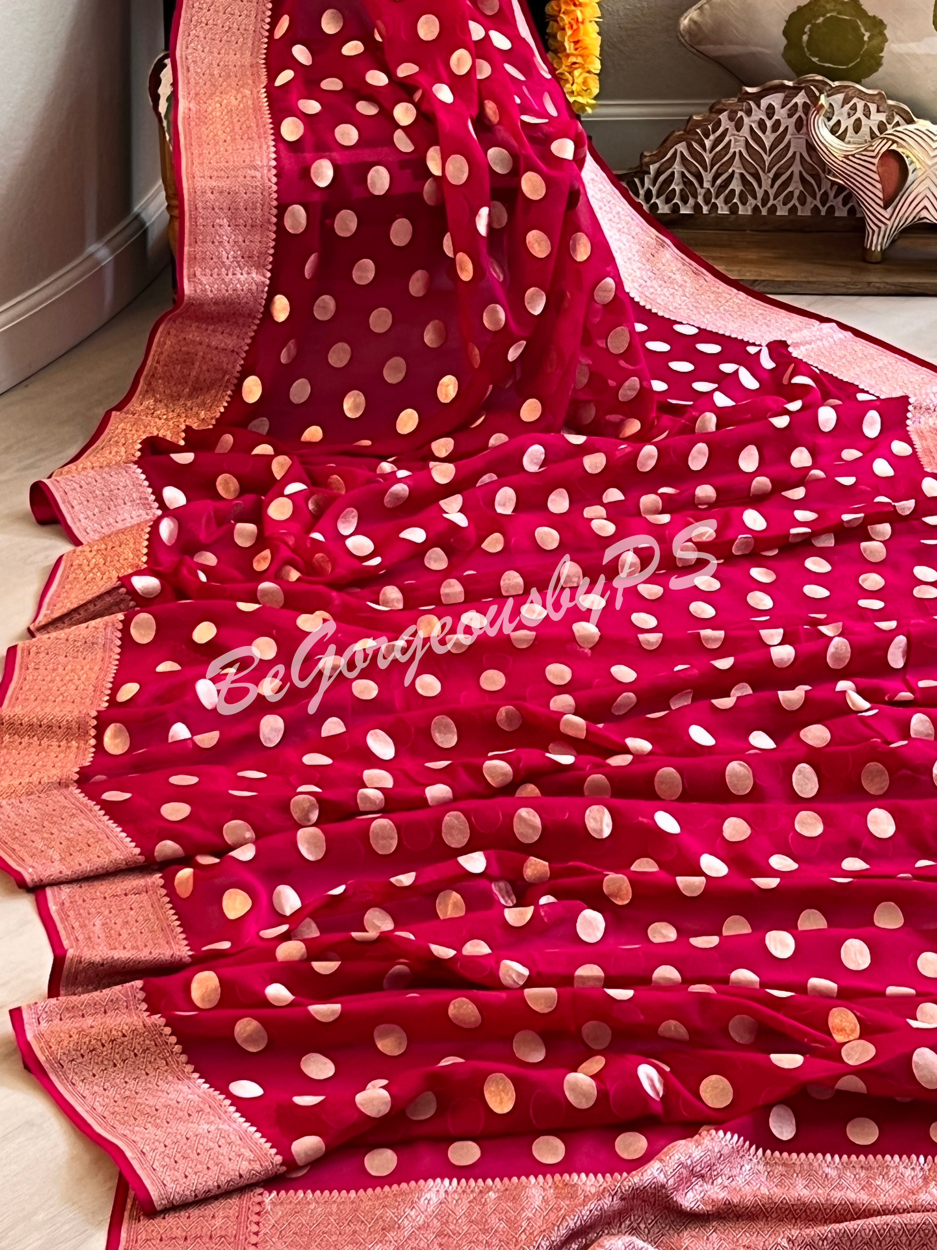 Banarasi Handwoven Georgette silk with gold zari weaved saree, polka dots and stitched blouse pink