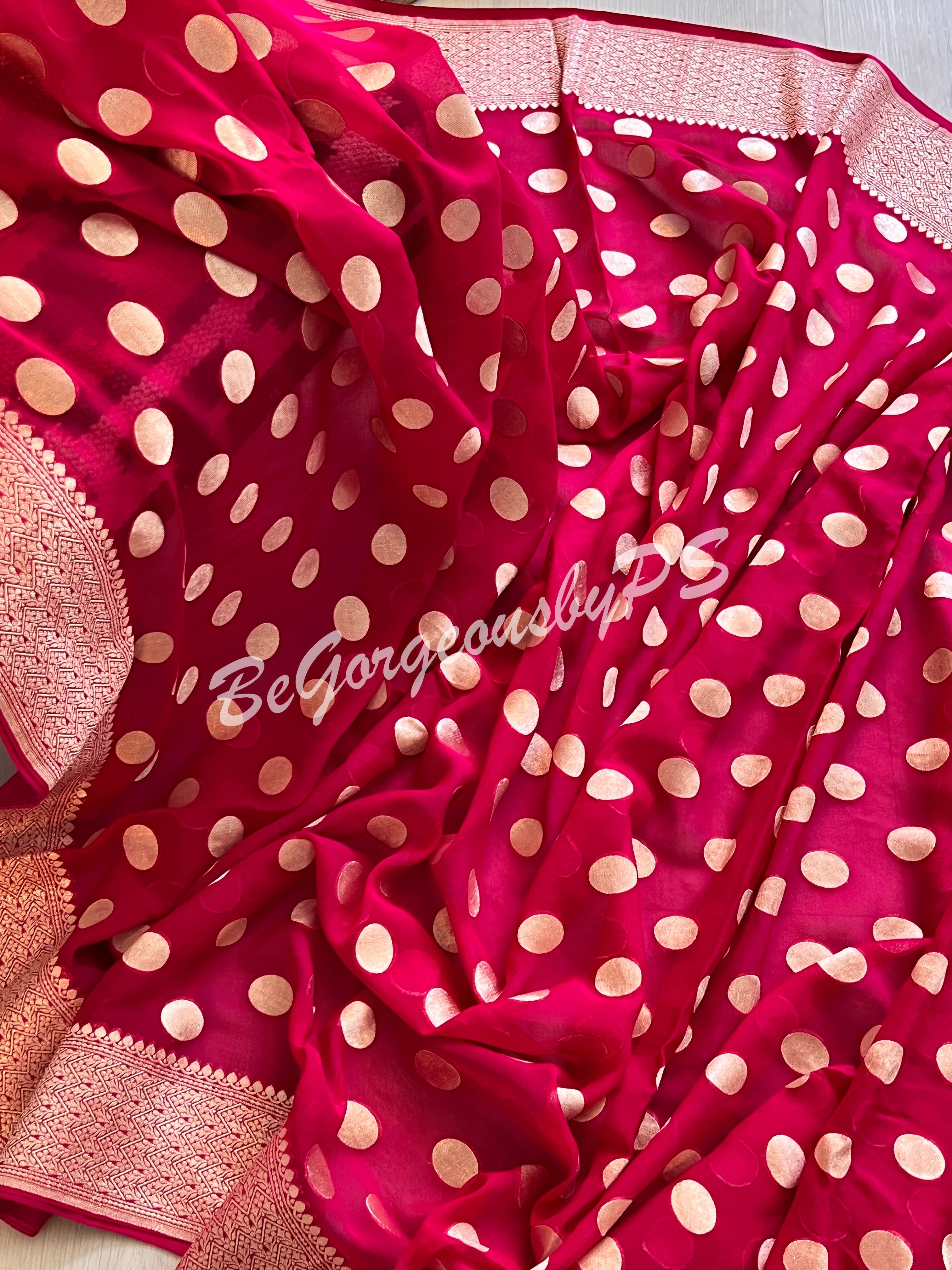 Banarasi Handwoven Georgette silk with gold zari weaved saree, polka dots and stitched blouse pink