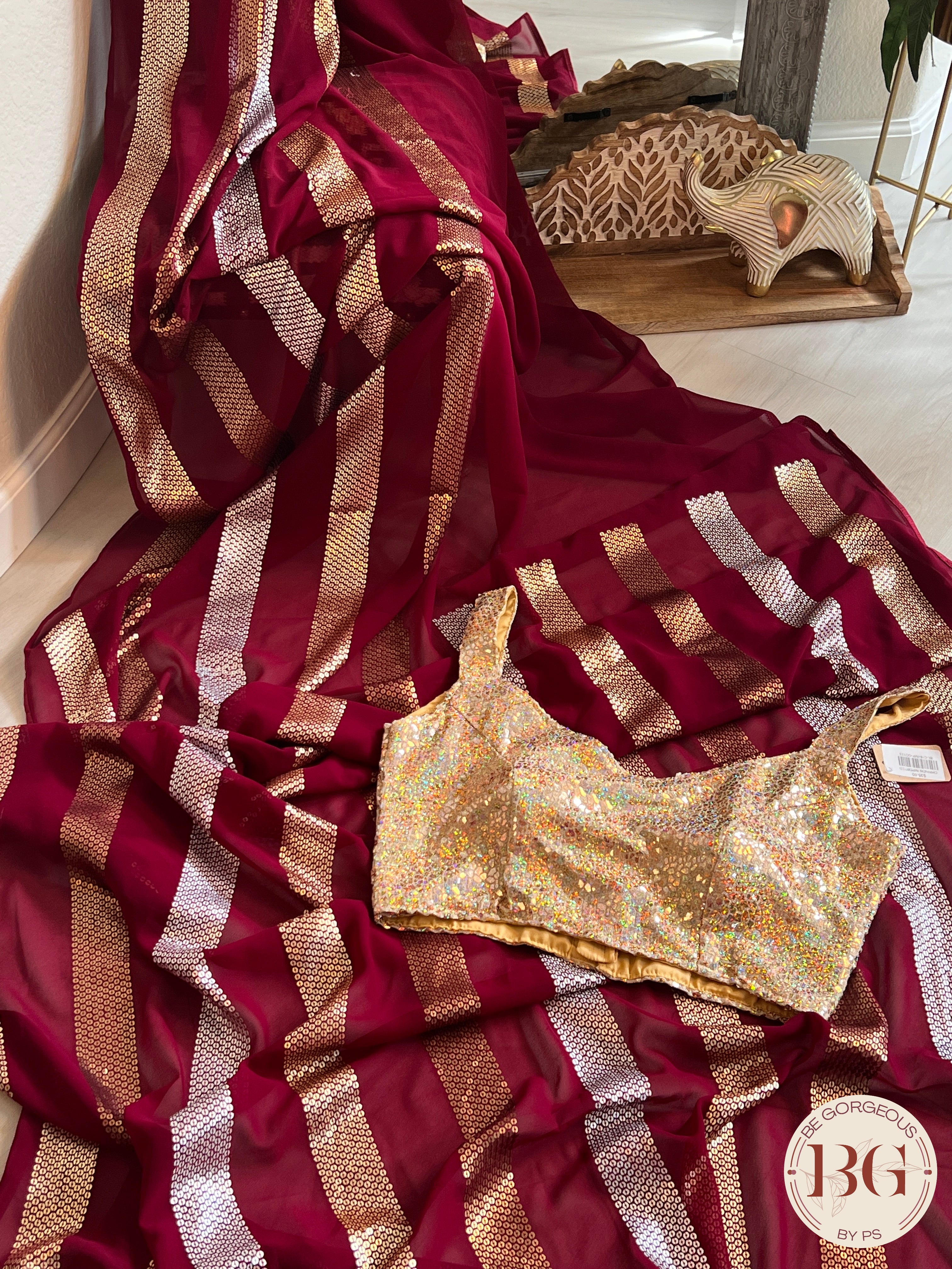 Georgette with sequin Deep Red