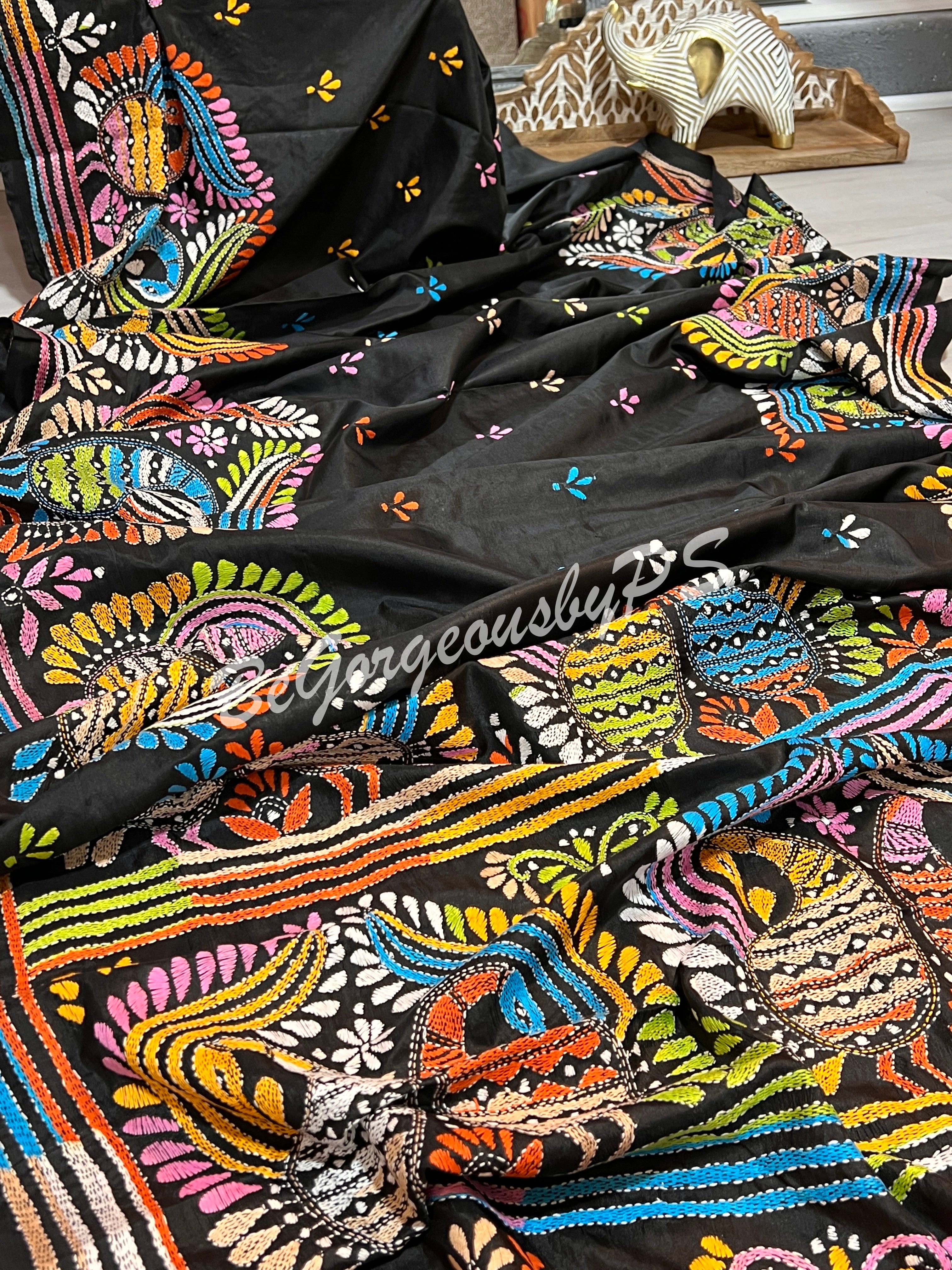 KANTHA BANGALORE SILK BLACK PEACOKS SAREE