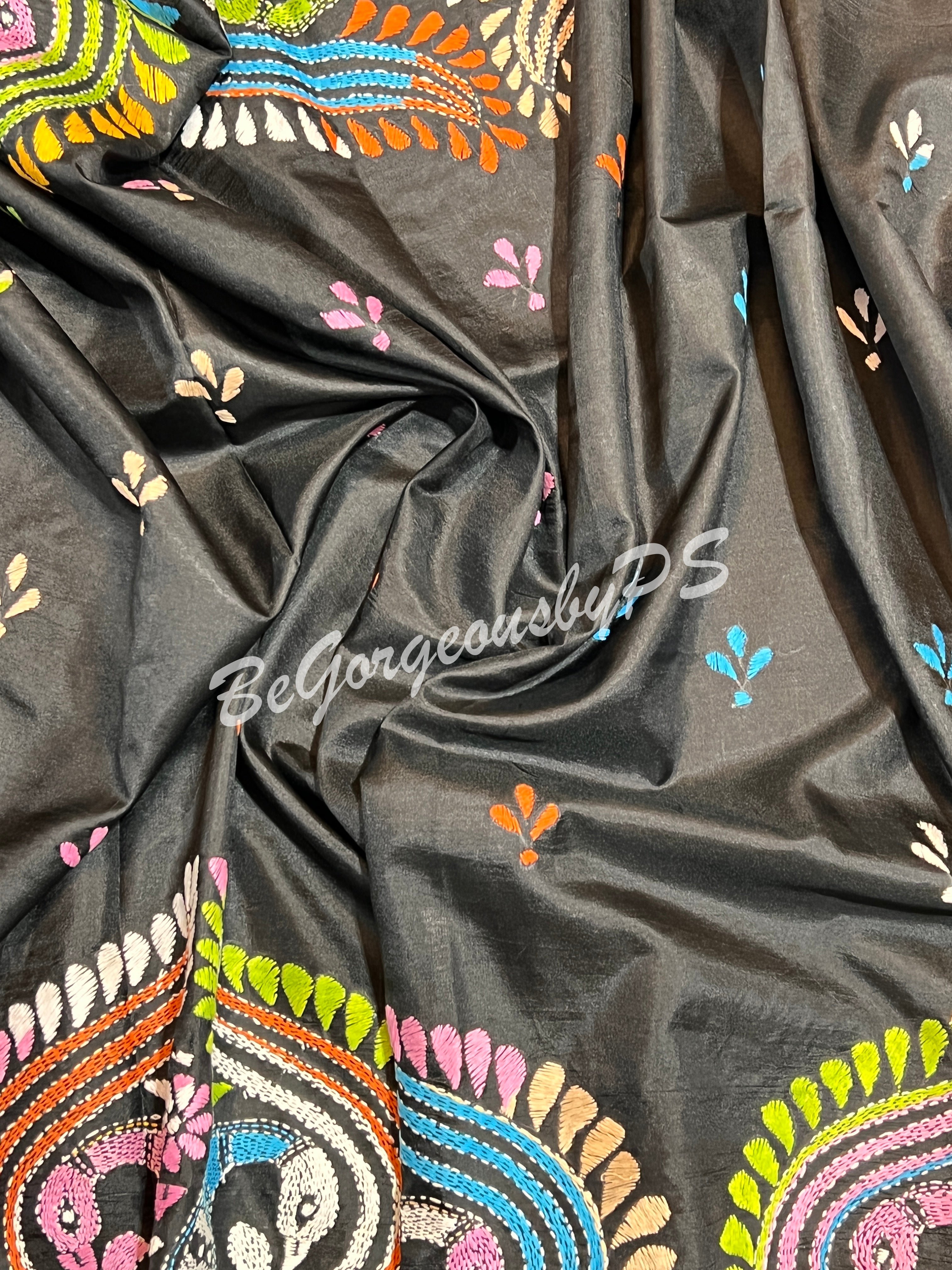 KANTHA BANGALORE SILK BLACK PEACOKS SAREE