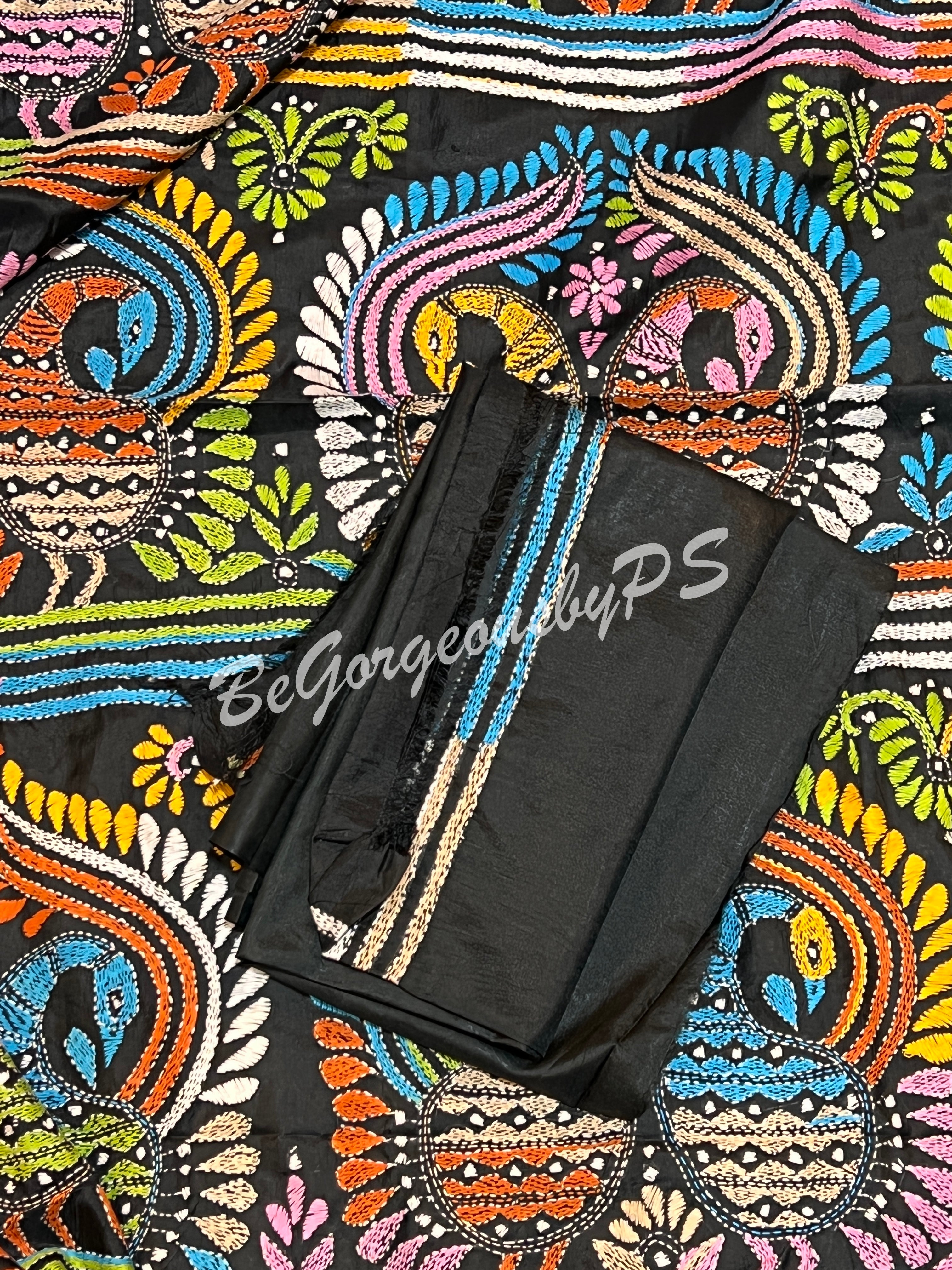 KANTHA BANGALORE SILK BLACK PEACOKS SAREE