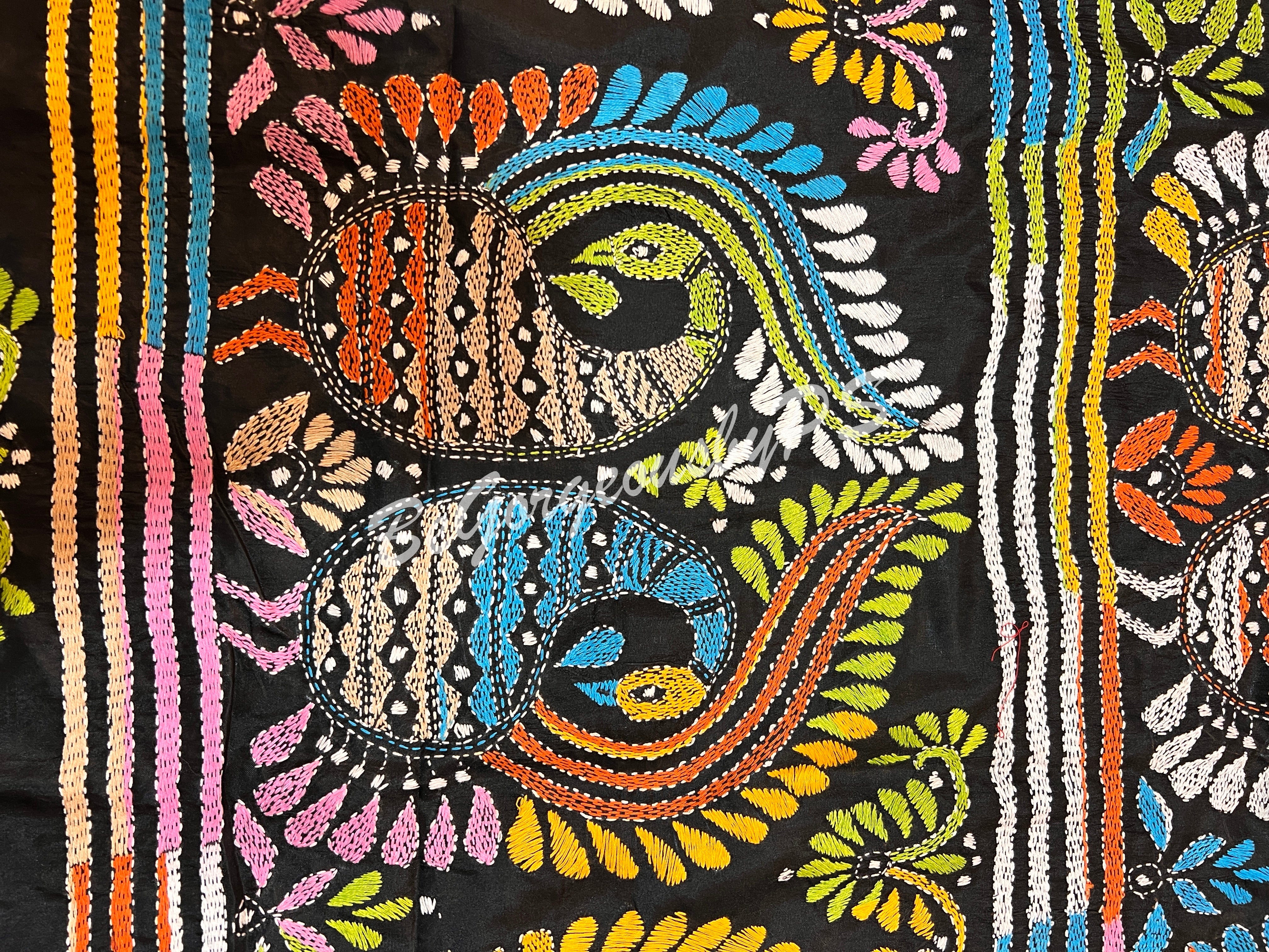 KANTHA BANGALORE SILK BLACK PEACOKS SAREE