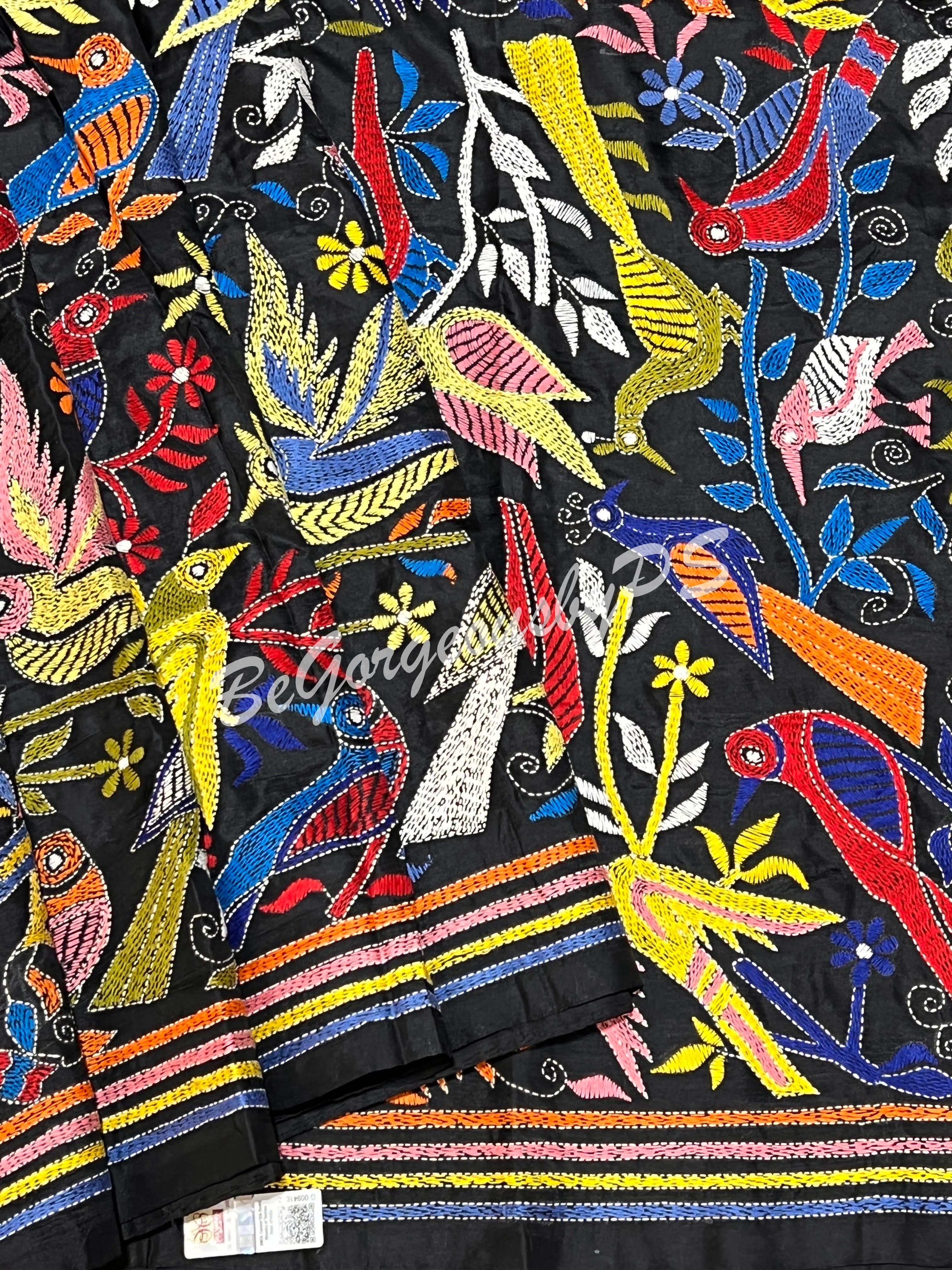 KANTHA BANGALORE SILK BLACK BIRDS SAREE