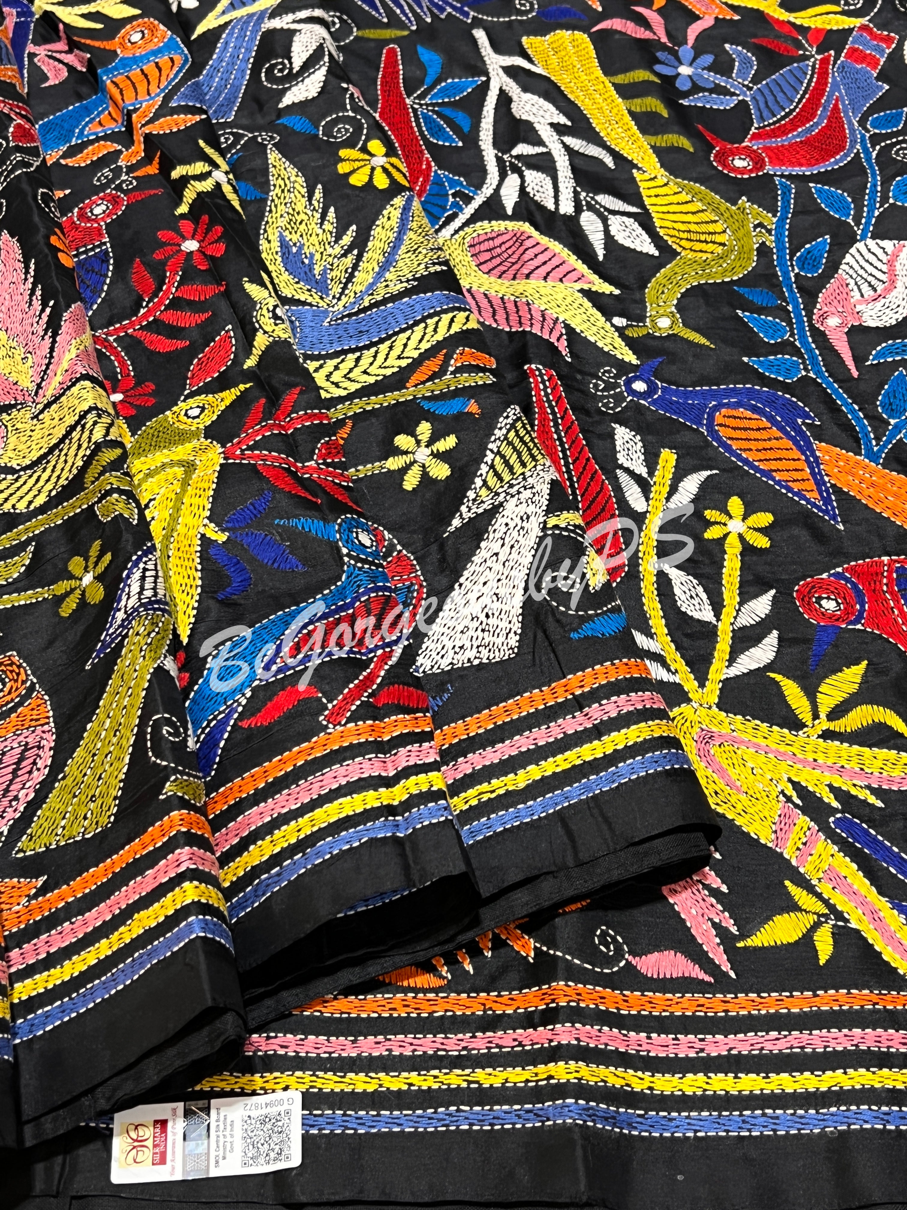 KANTHA BANGALORE SILK BLACK BIRDS SAREE