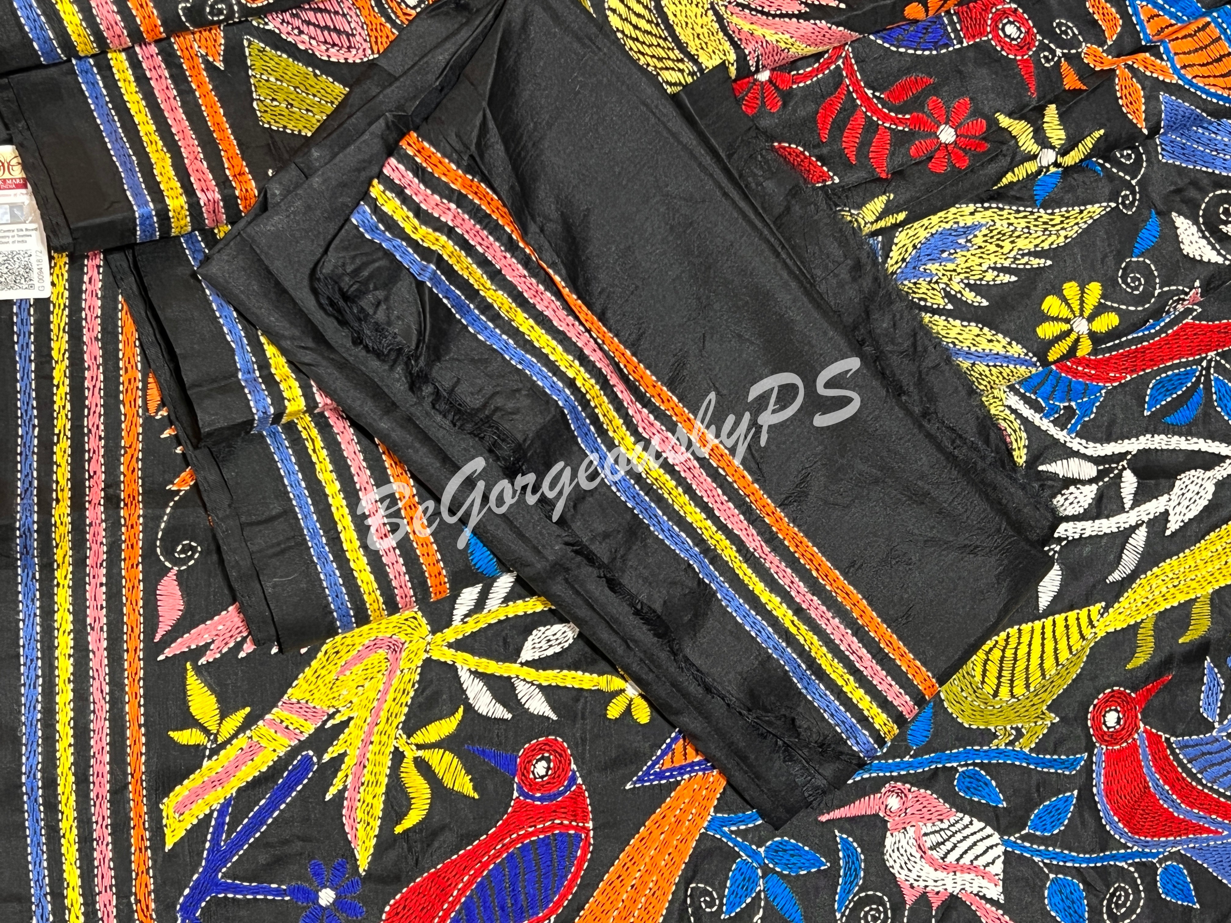 KANTHA BANGALORE SILK BLACK BIRDS SAREE