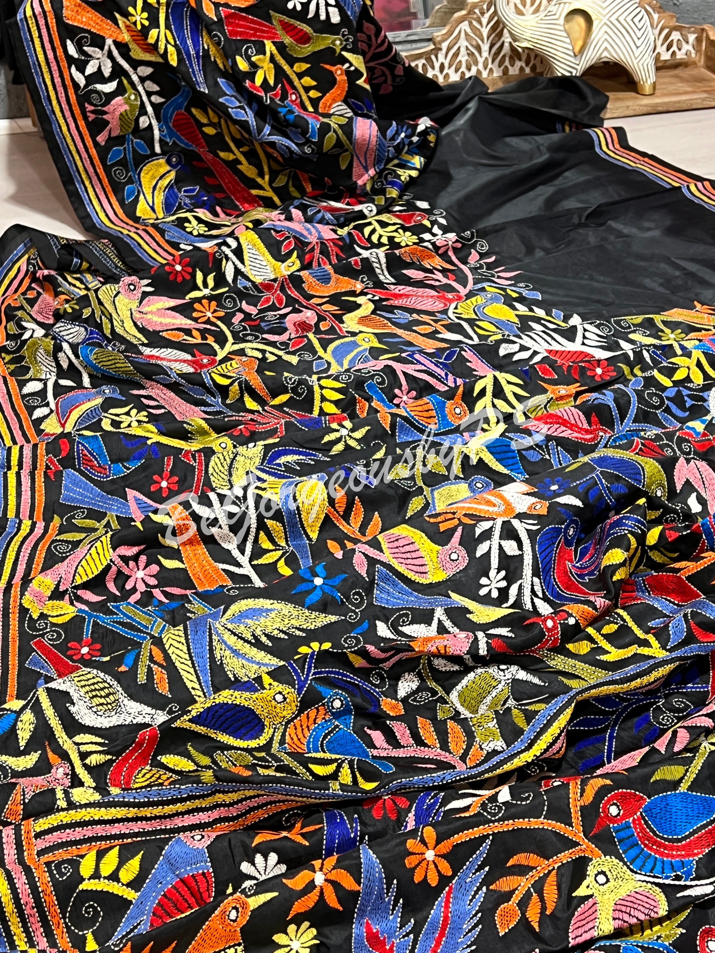 KANTHA BANGALORE SILK BLACK BIRDS SAREE