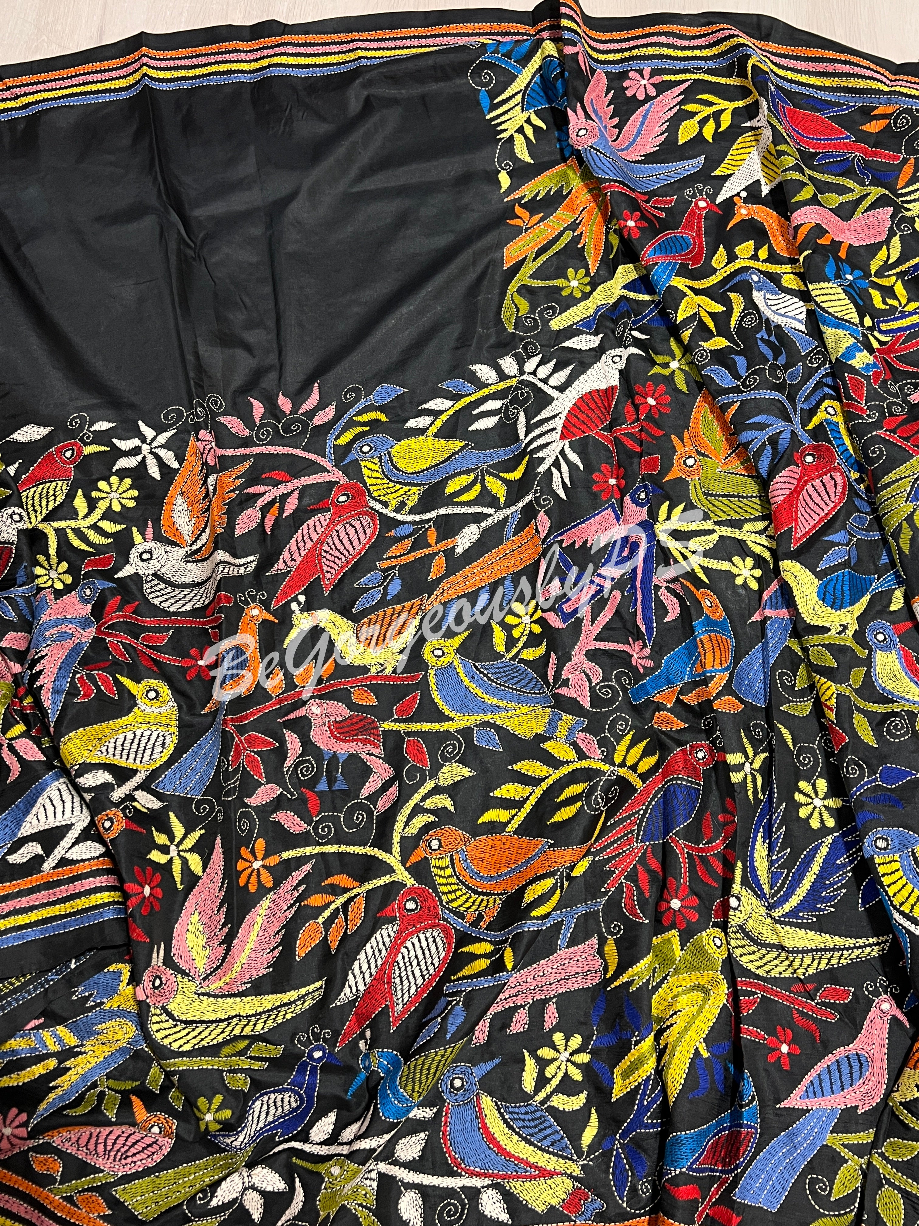 KANTHA BANGALORE SILK BLACK BIRDS SAREE