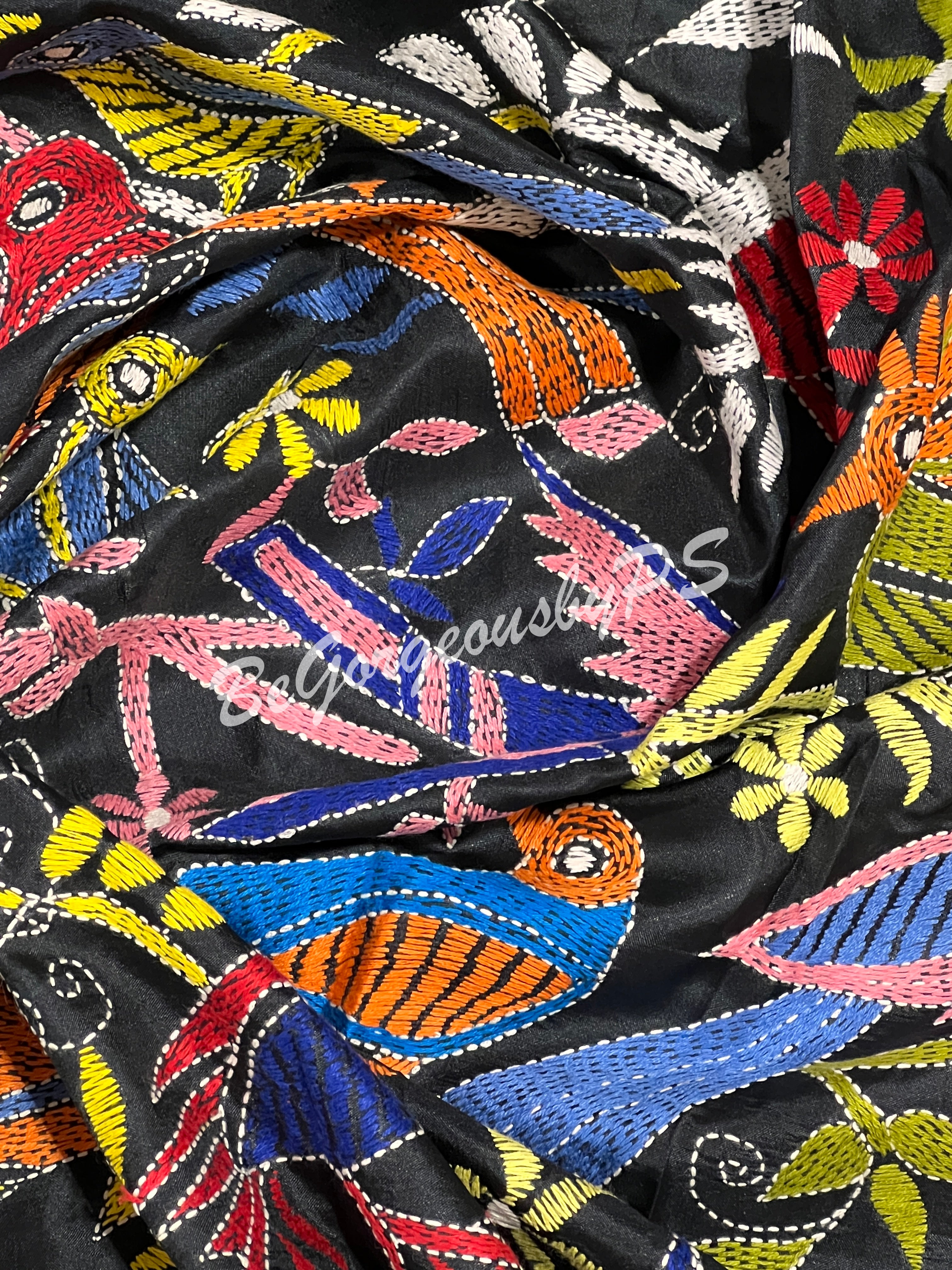 KANTHA BANGALORE SILK BLACK BIRDS SAREE