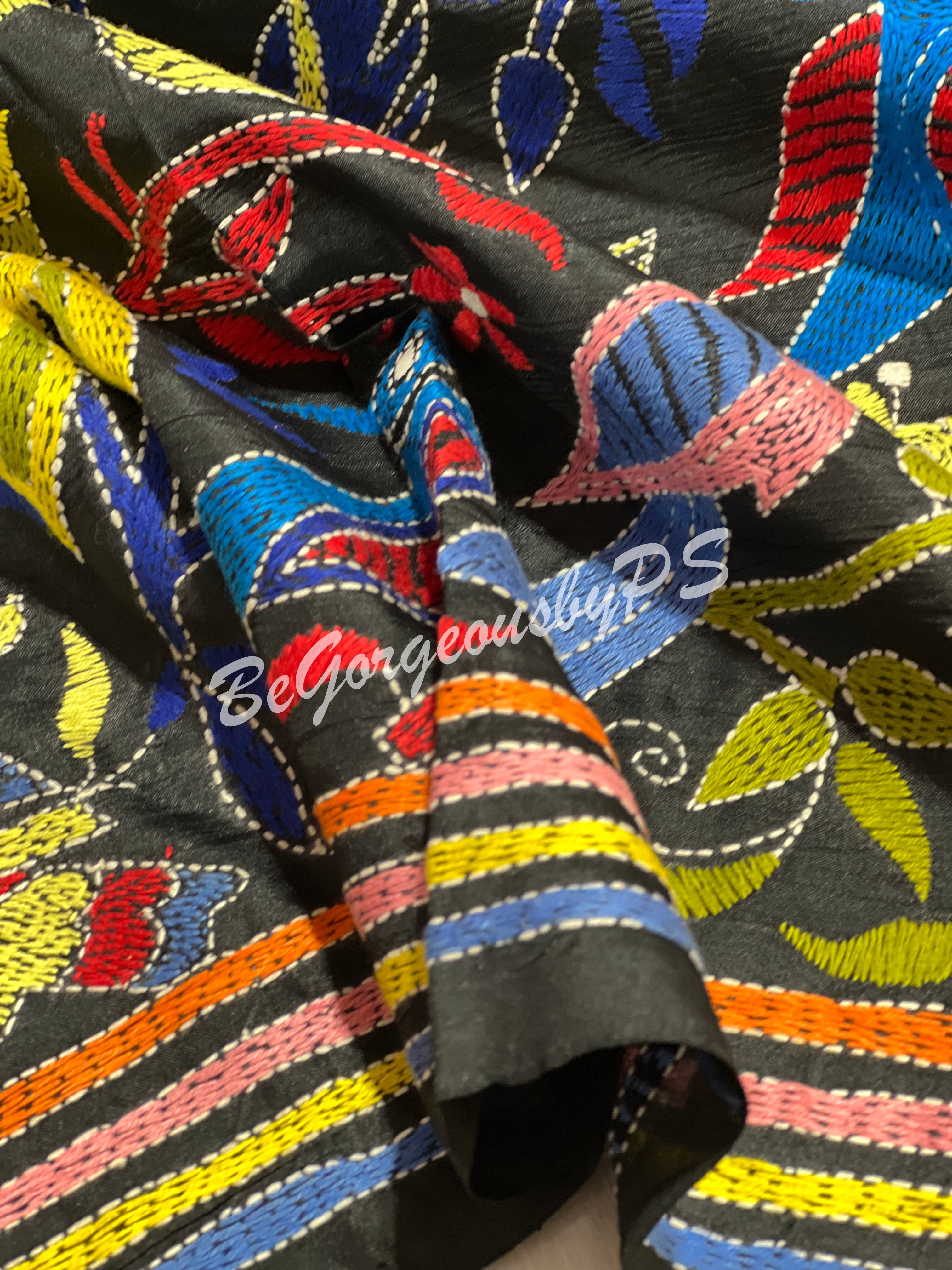 KANTHA BANGALORE SILK BLACK BIRDS SAREE