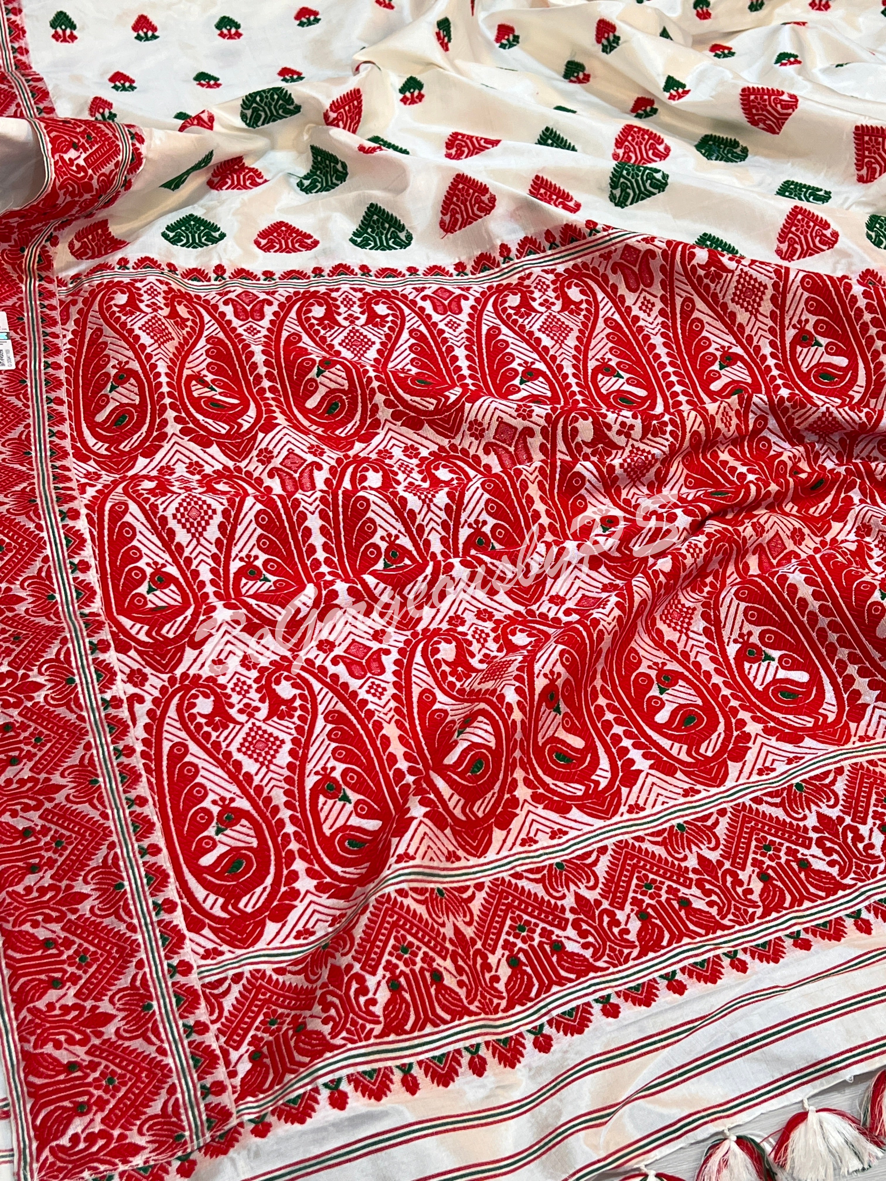 ASSAM SILK WHITE RED SAREE