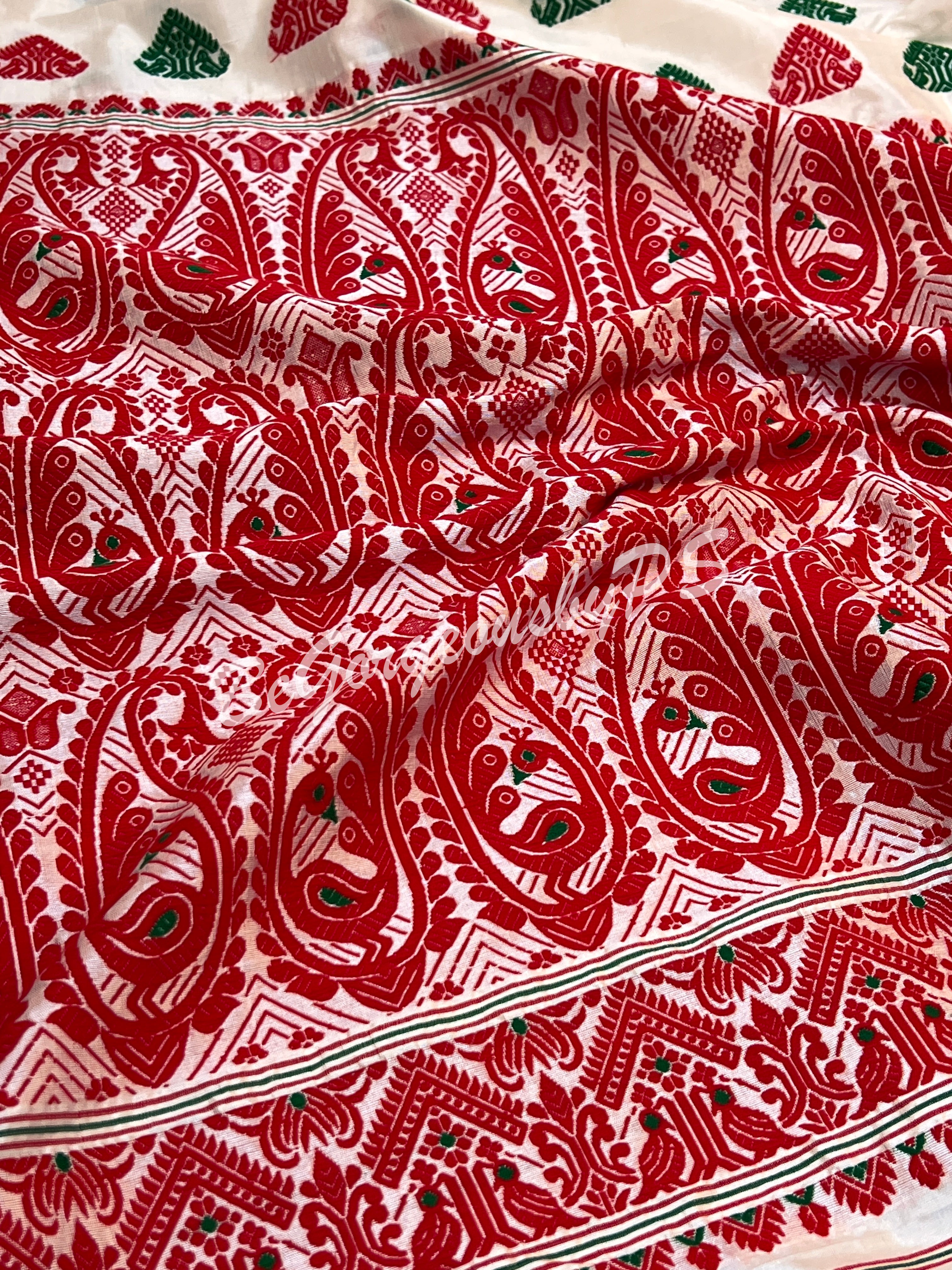 ASSAM SILK WHITE RED SAREE