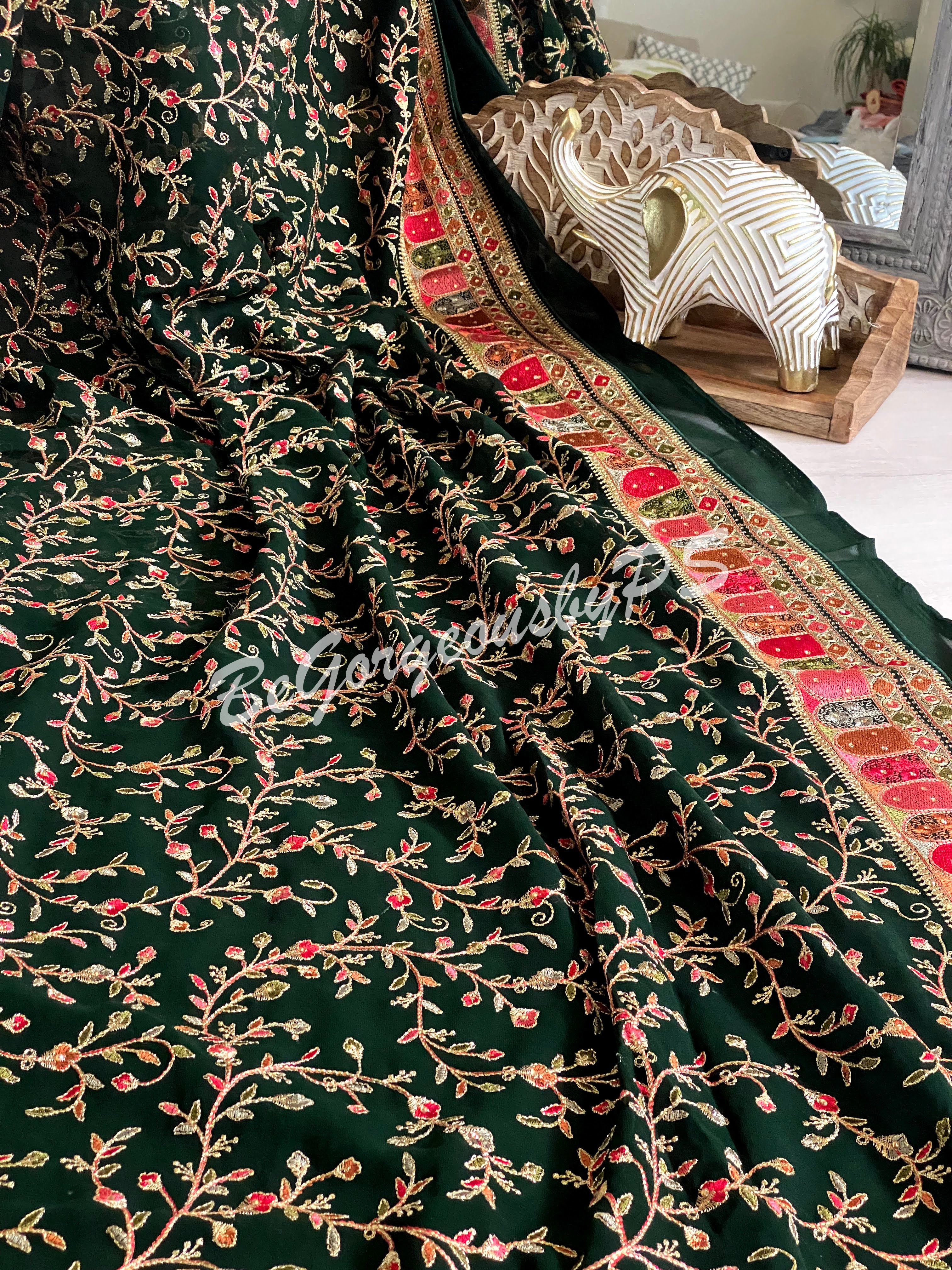Kashmiri Embroidery pure georgette saree with sarowski work