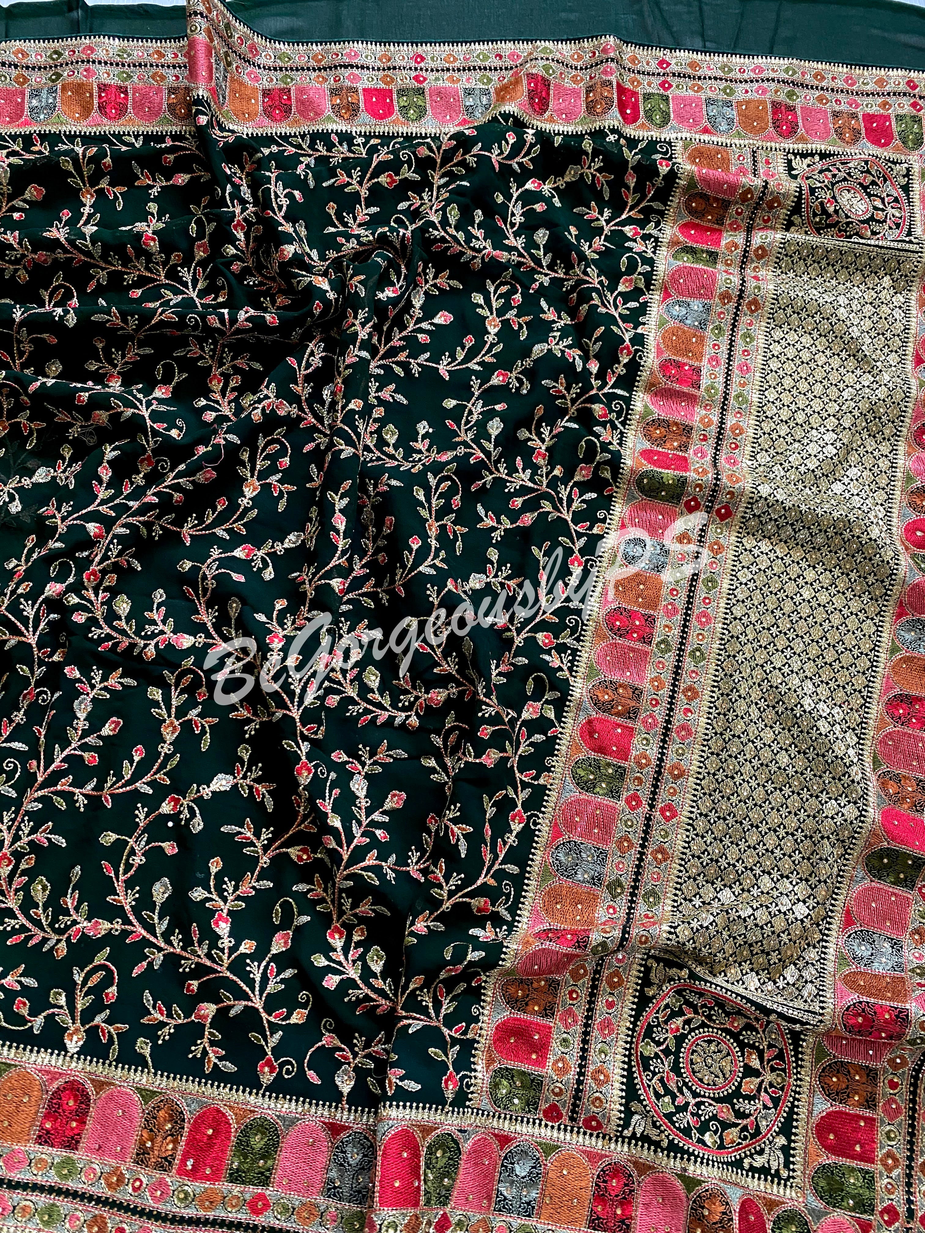Kashmiri Embroidery pure georgette saree with sarowski work