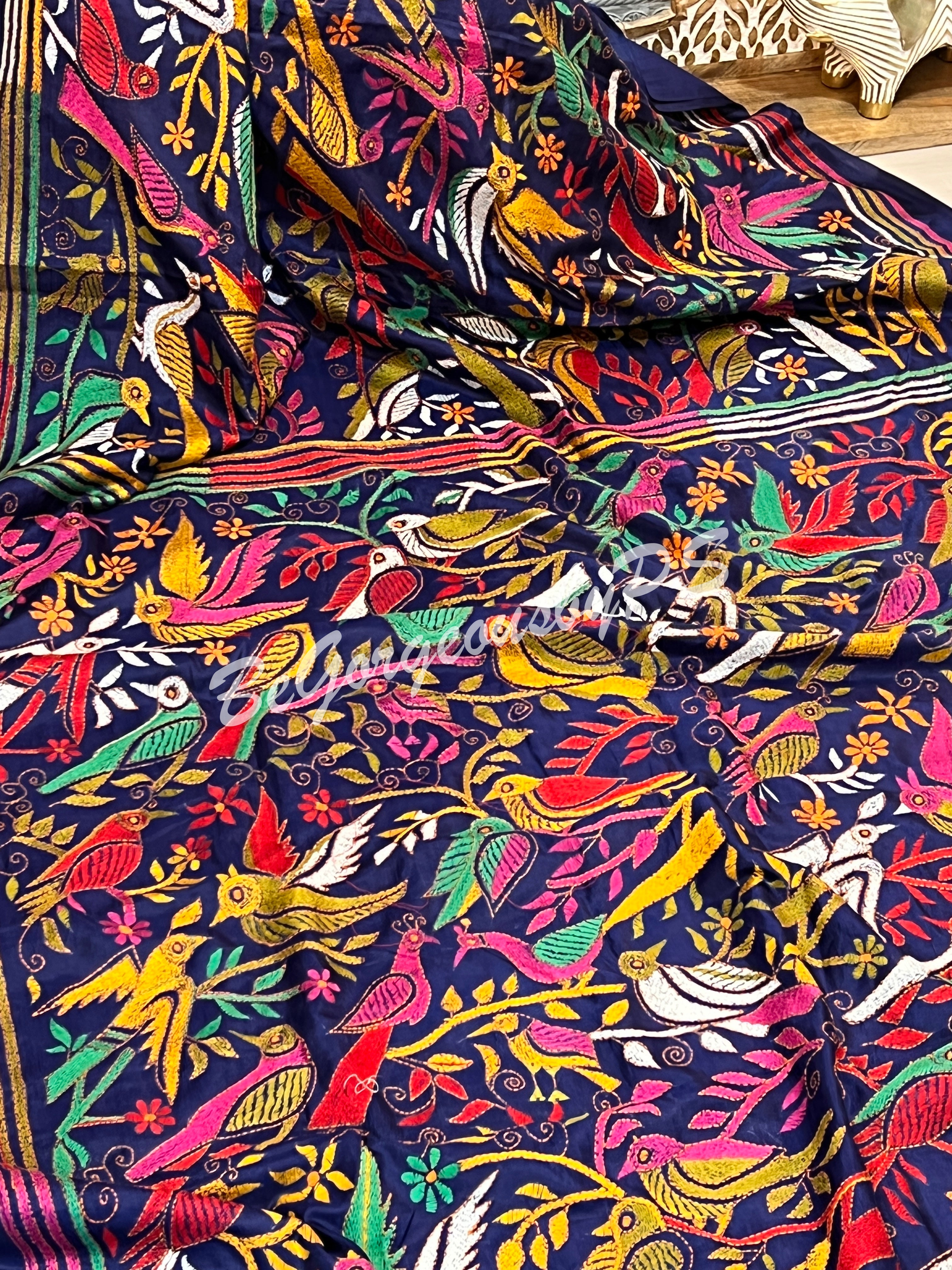 KANTHA BANGALORE SILK NAVY BLUE SAREE