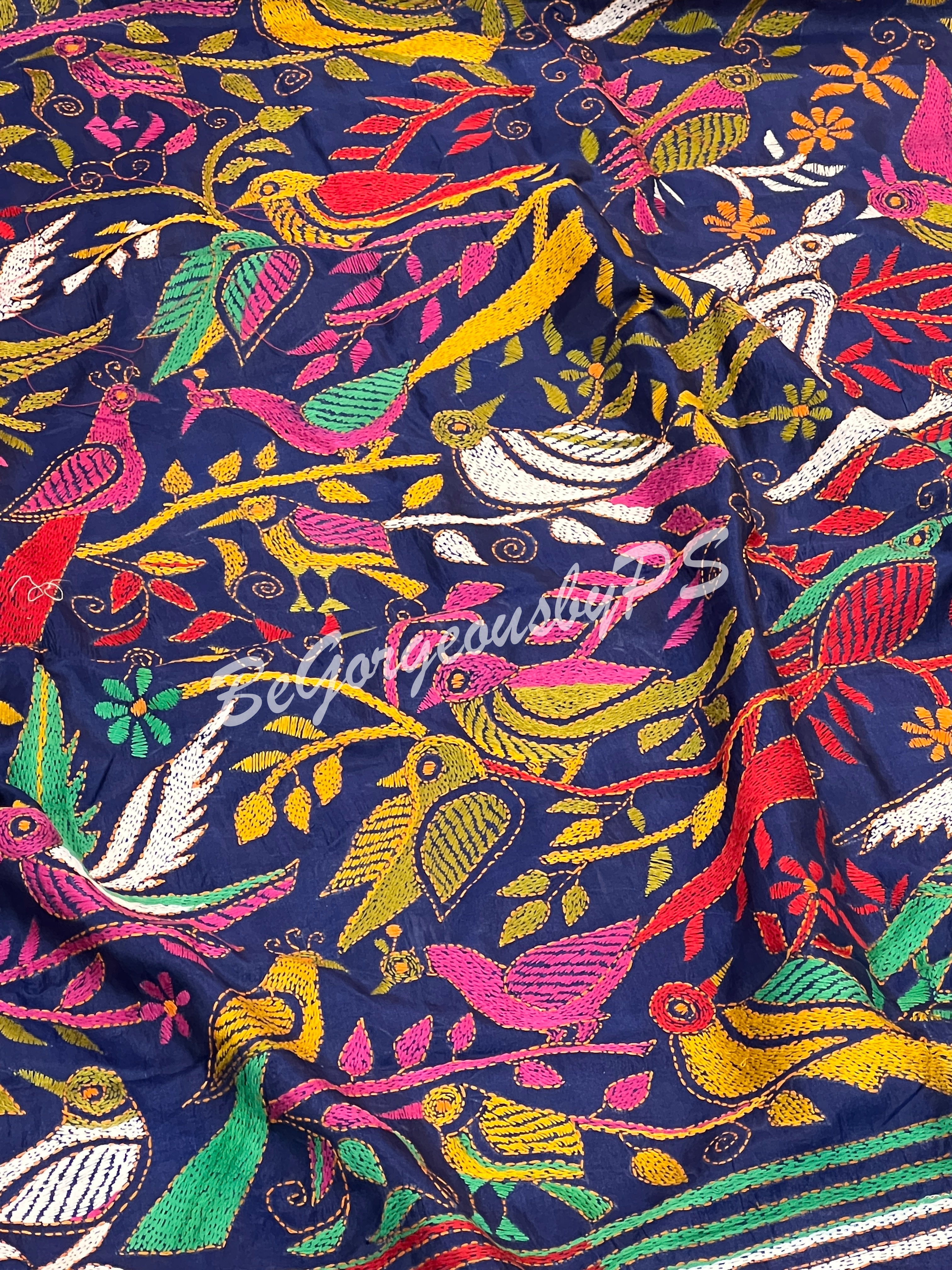 KANTHA BANGALORE SILK NAVY BLUE SAREE