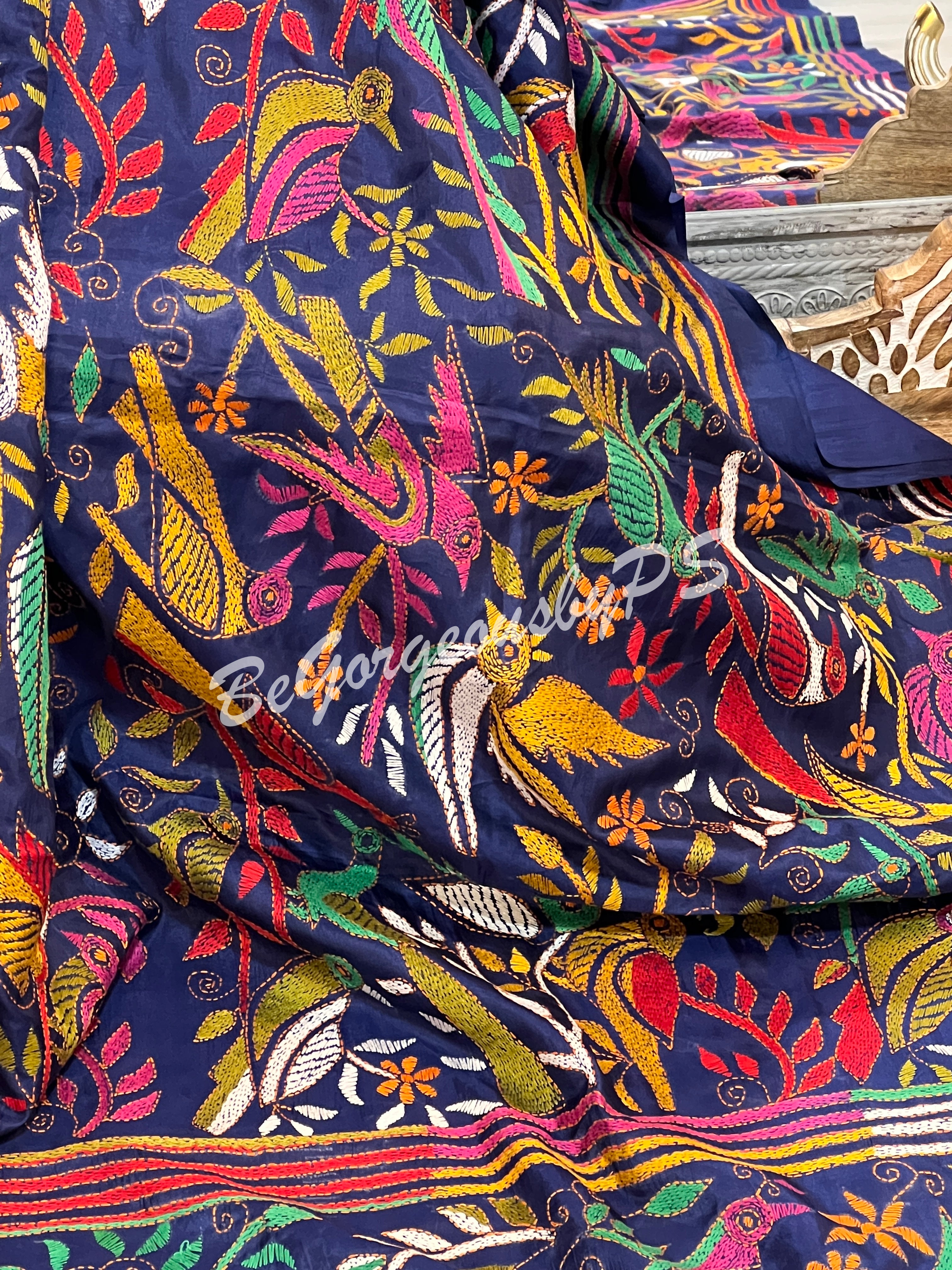 KANTHA BANGALORE SILK NAVY BLUE SAREE