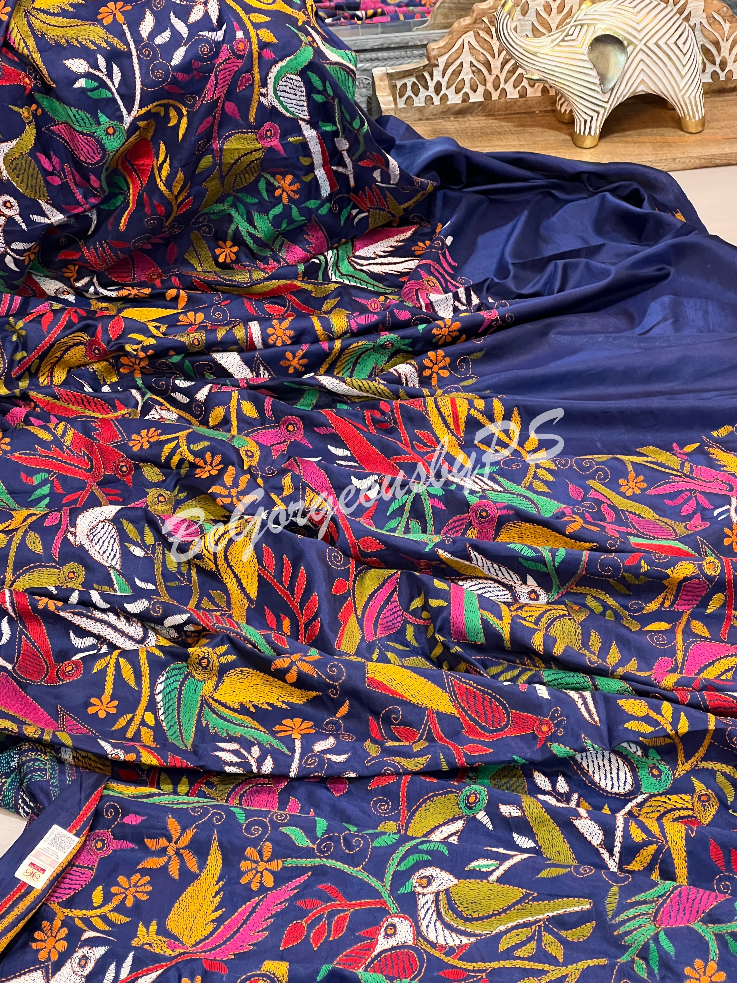 KANTHA BANGALORE SILK NAVY BLUE SAREE
