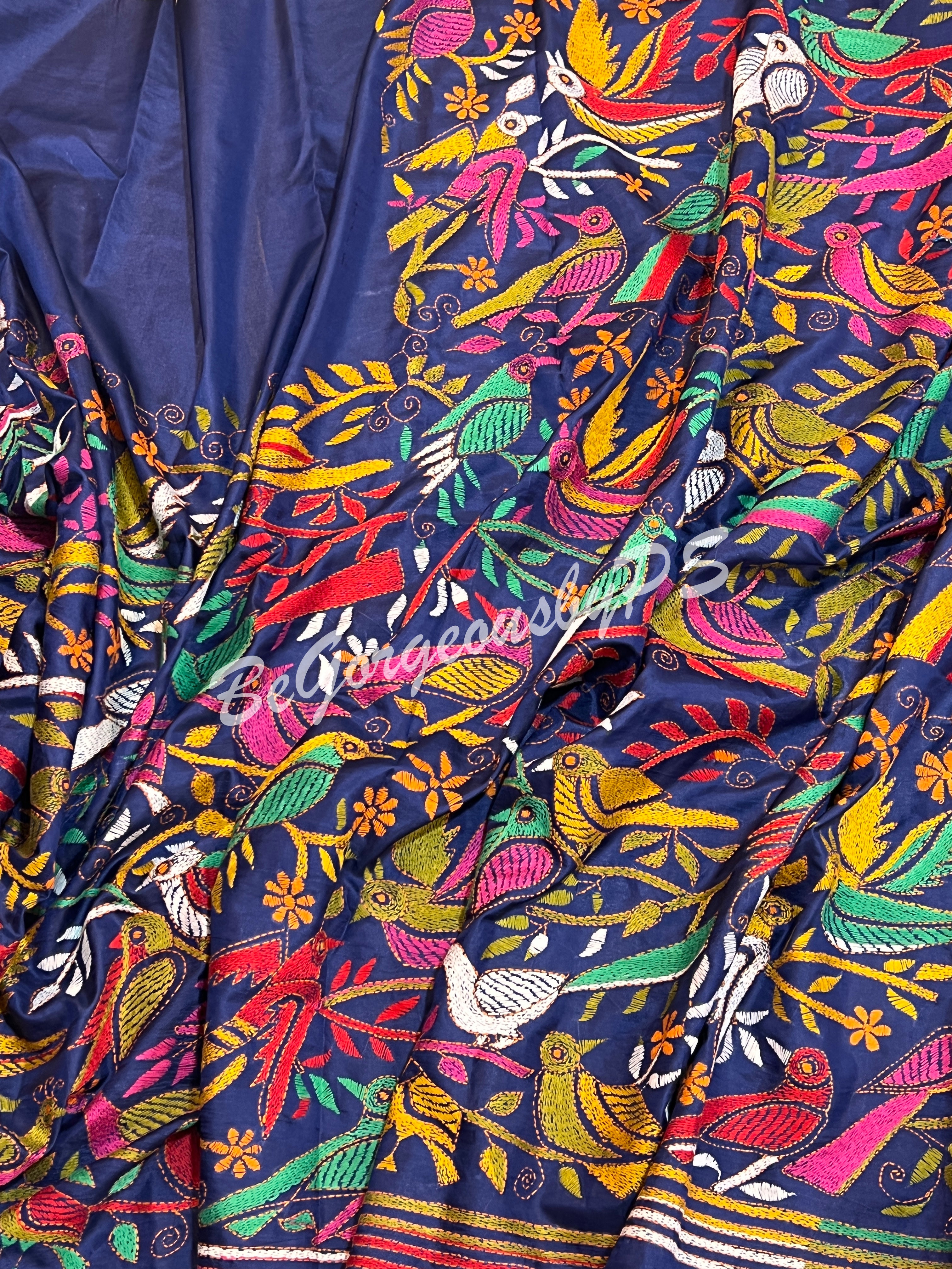 KANTHA BANGALORE SILK NAVY BLUE SAREE