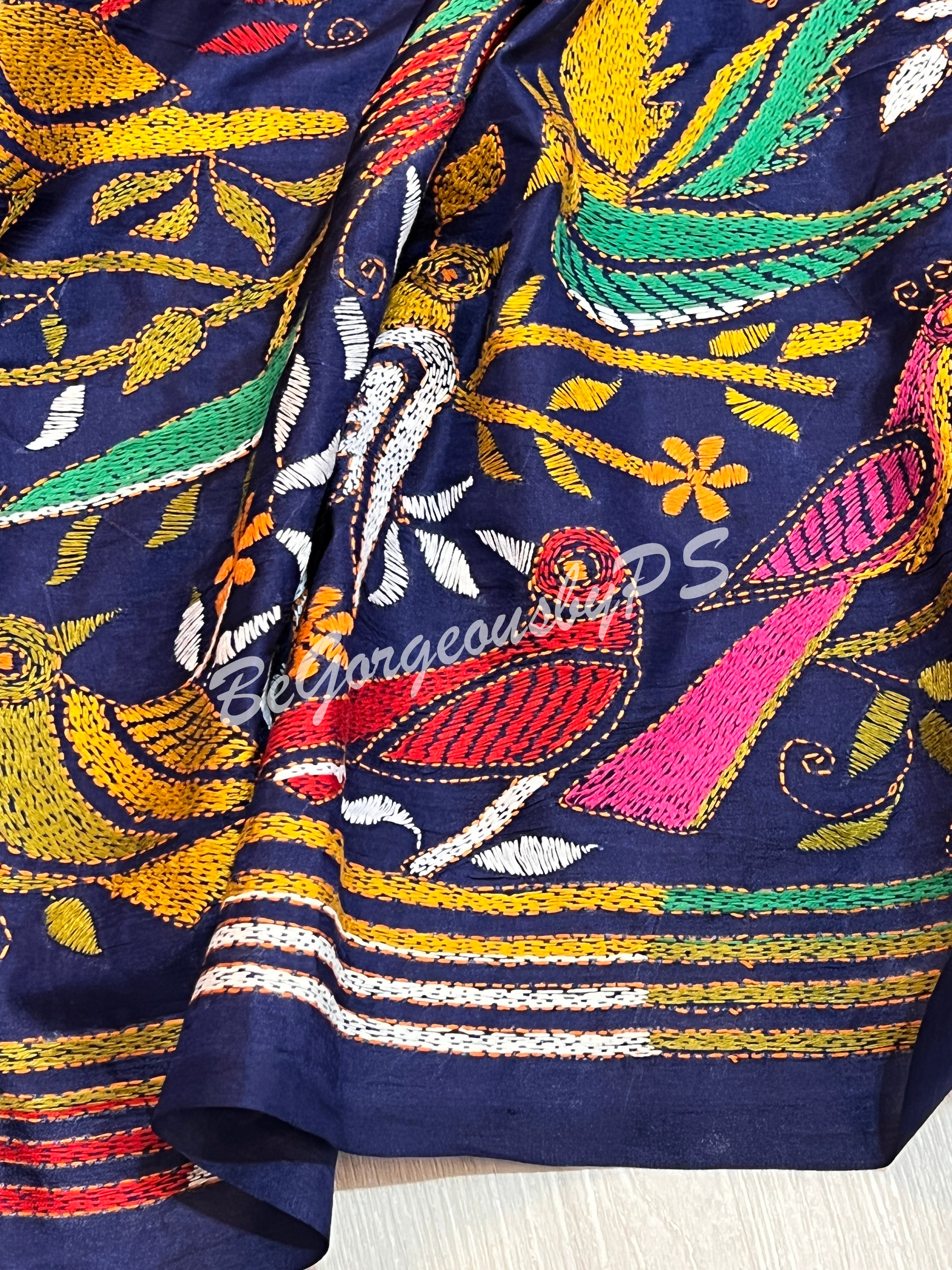 KANTHA BANGALORE SILK NAVY BLUE SAREE
