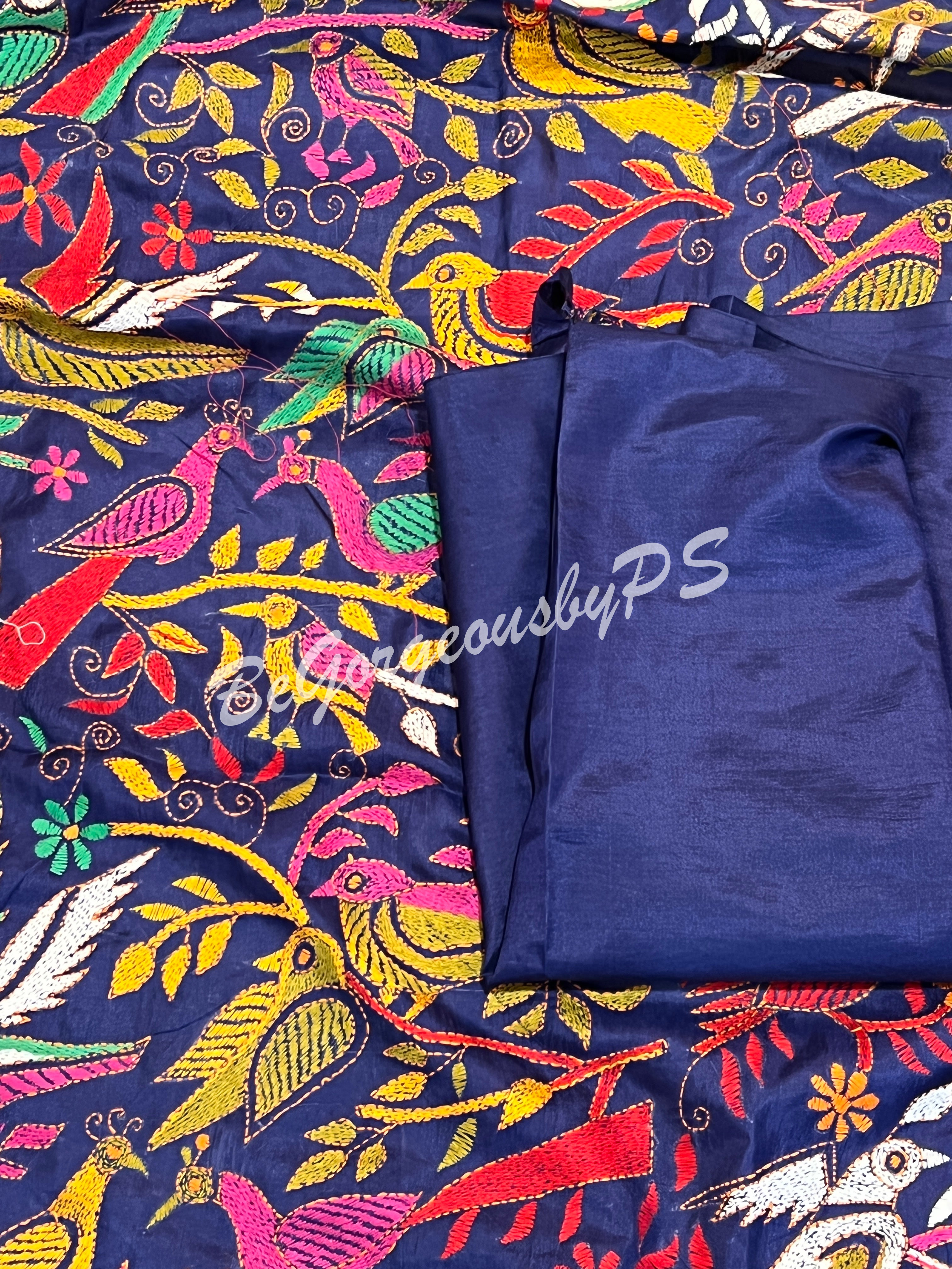 KANTHA BANGALORE SILK NAVY BLUE SAREE