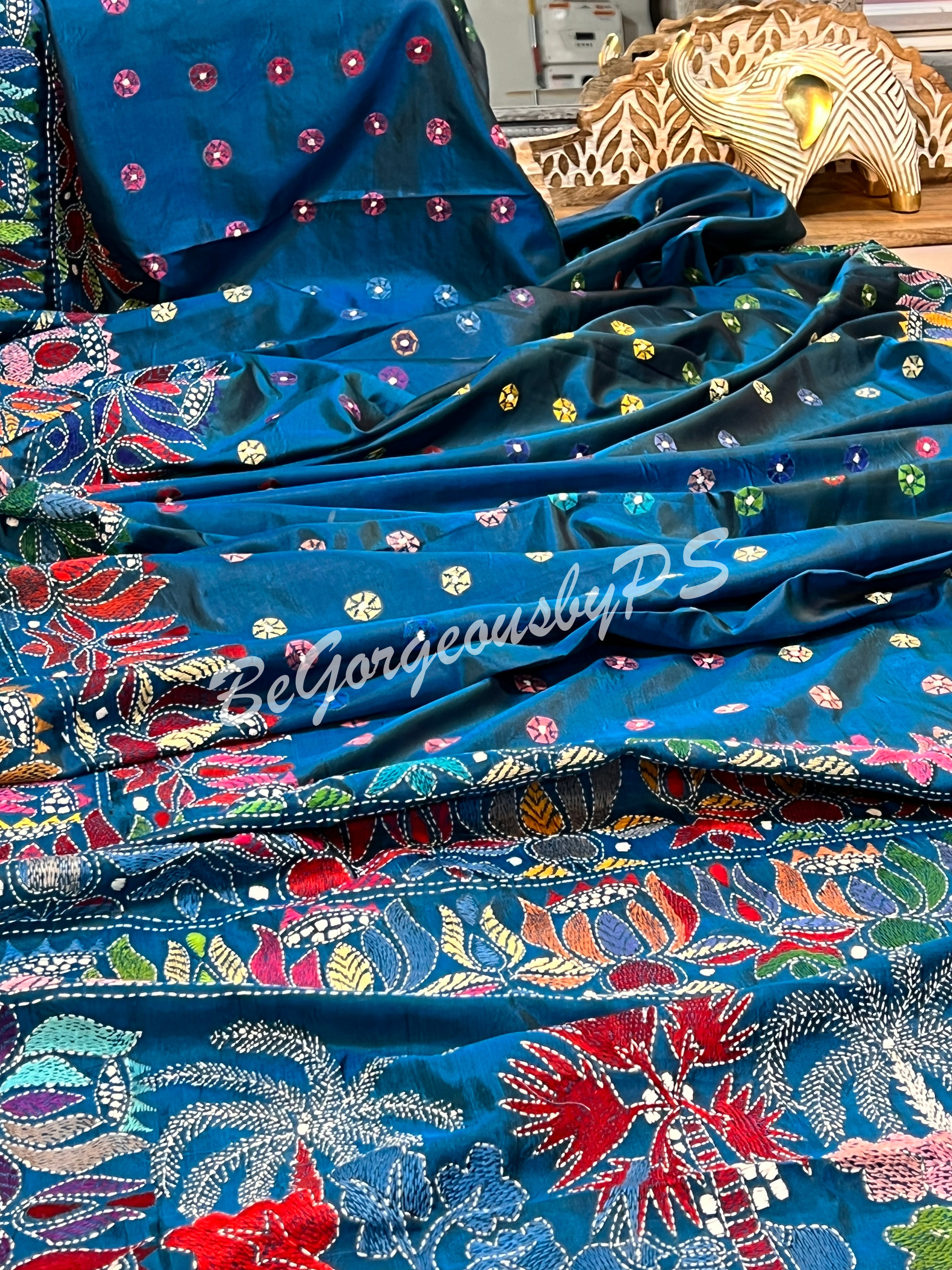 KANTHA BANGALORE SILK TURQOISE BLUE SAREE