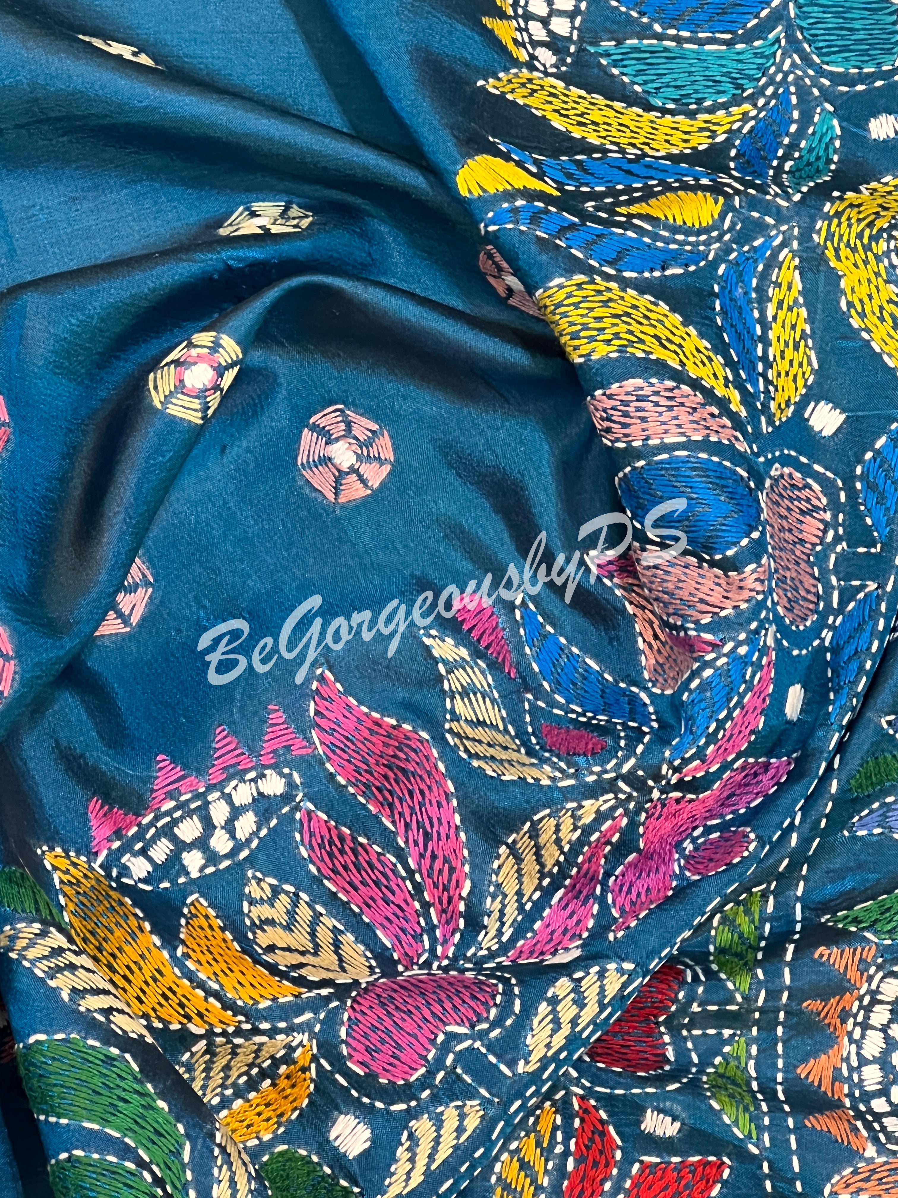 KANTHA BANGALORE SILK TURQOISE BLUE SAREE