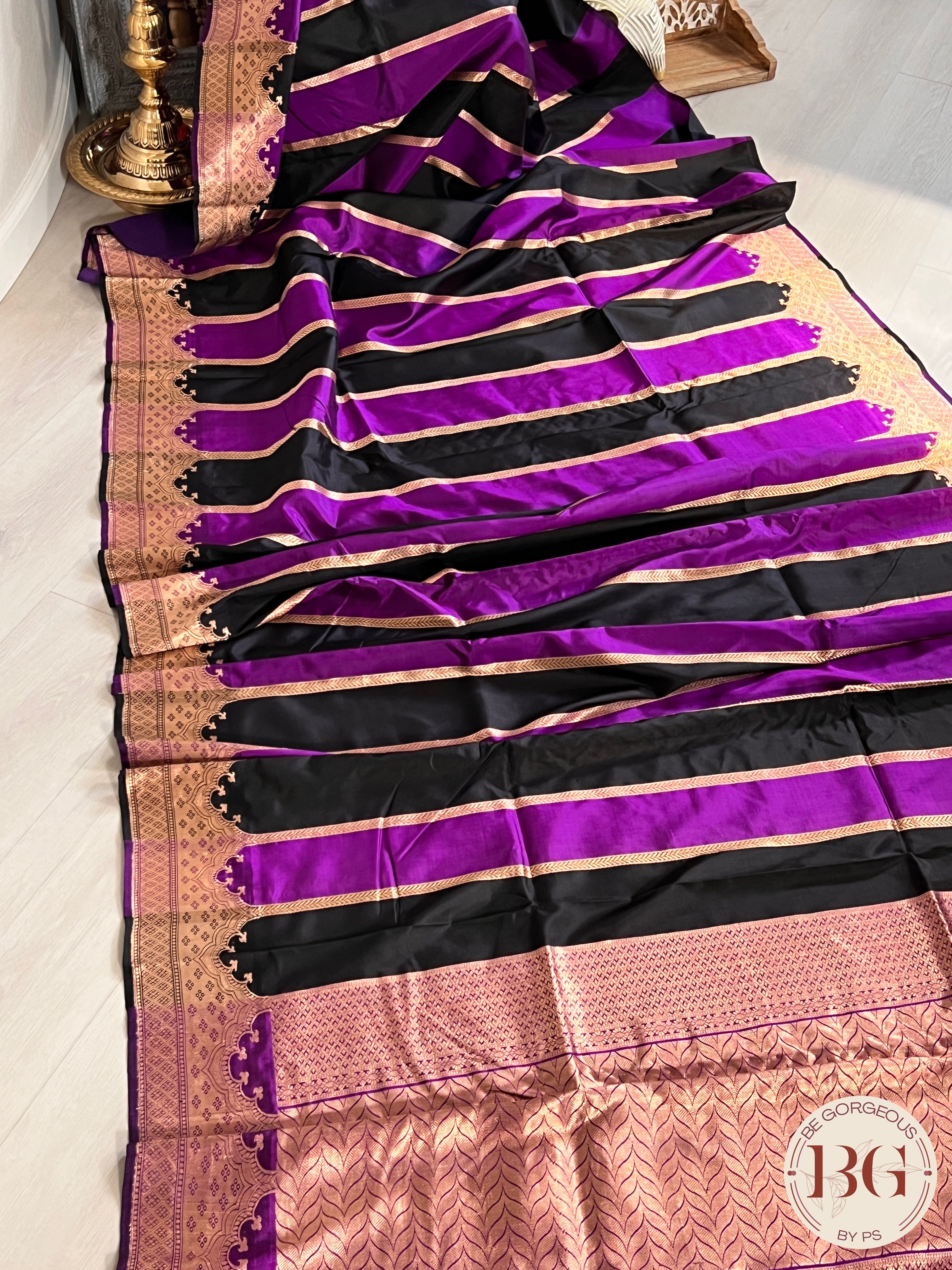 Banarasi Handloom Katan Silk antique zari khadua weaved saree, silkmark certified - Black Purple