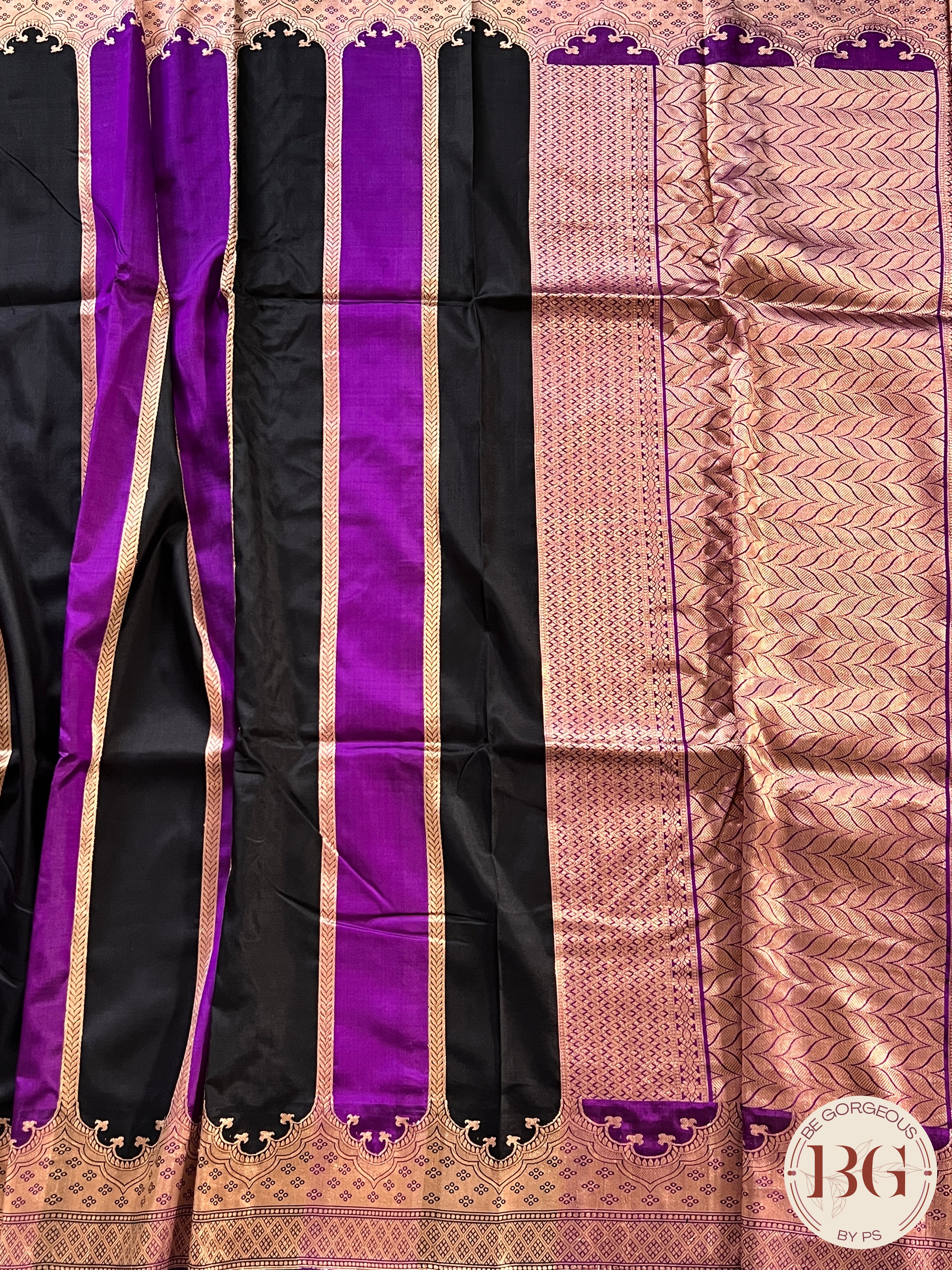 Banarasi Handloom Katan Silk antique zari khadua weaved saree, silkmark certified - Black Purple