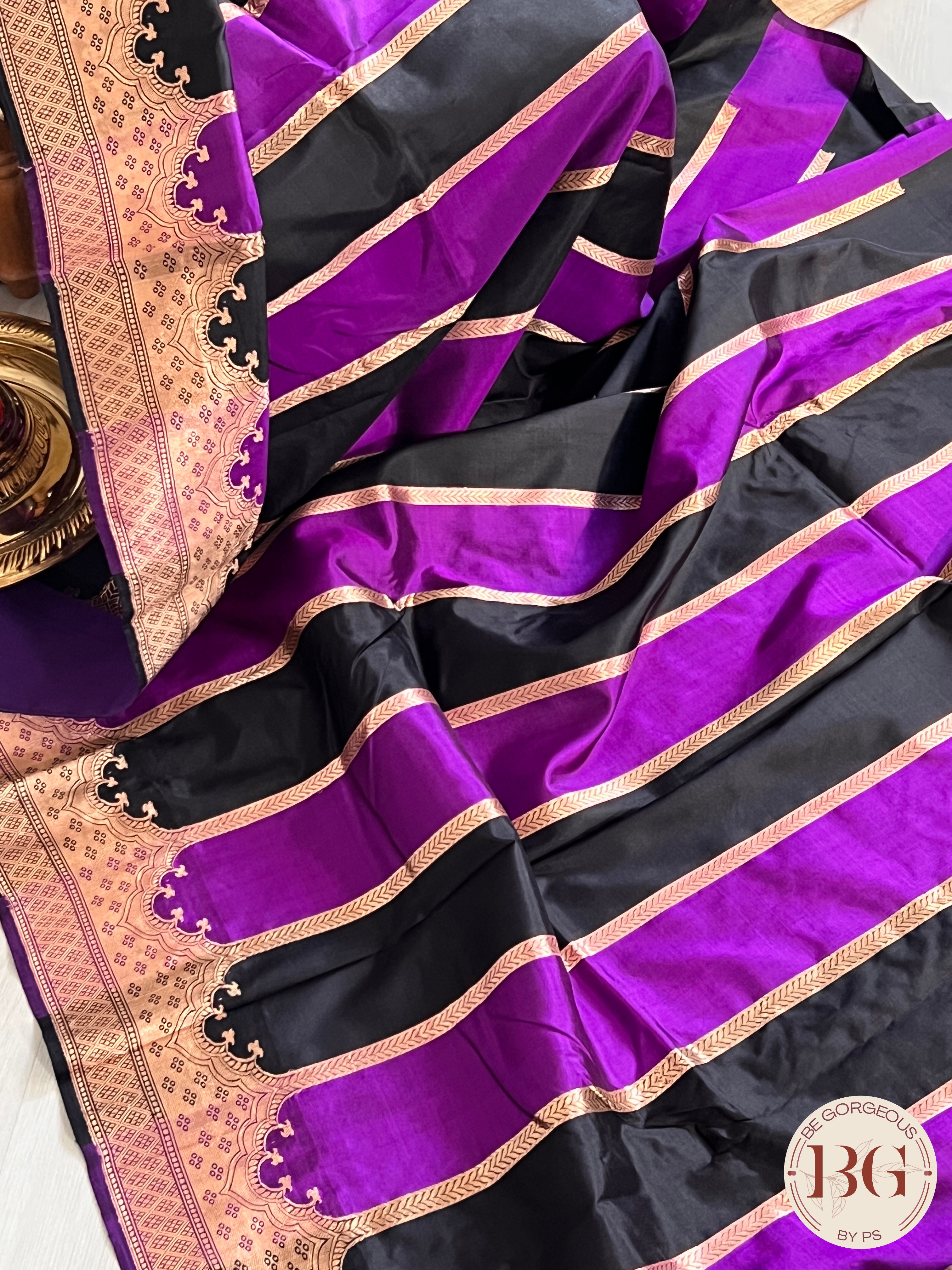Banarasi Handloom Katan Silk antique zari khadua weaved saree, silkmark certified - Black Purple