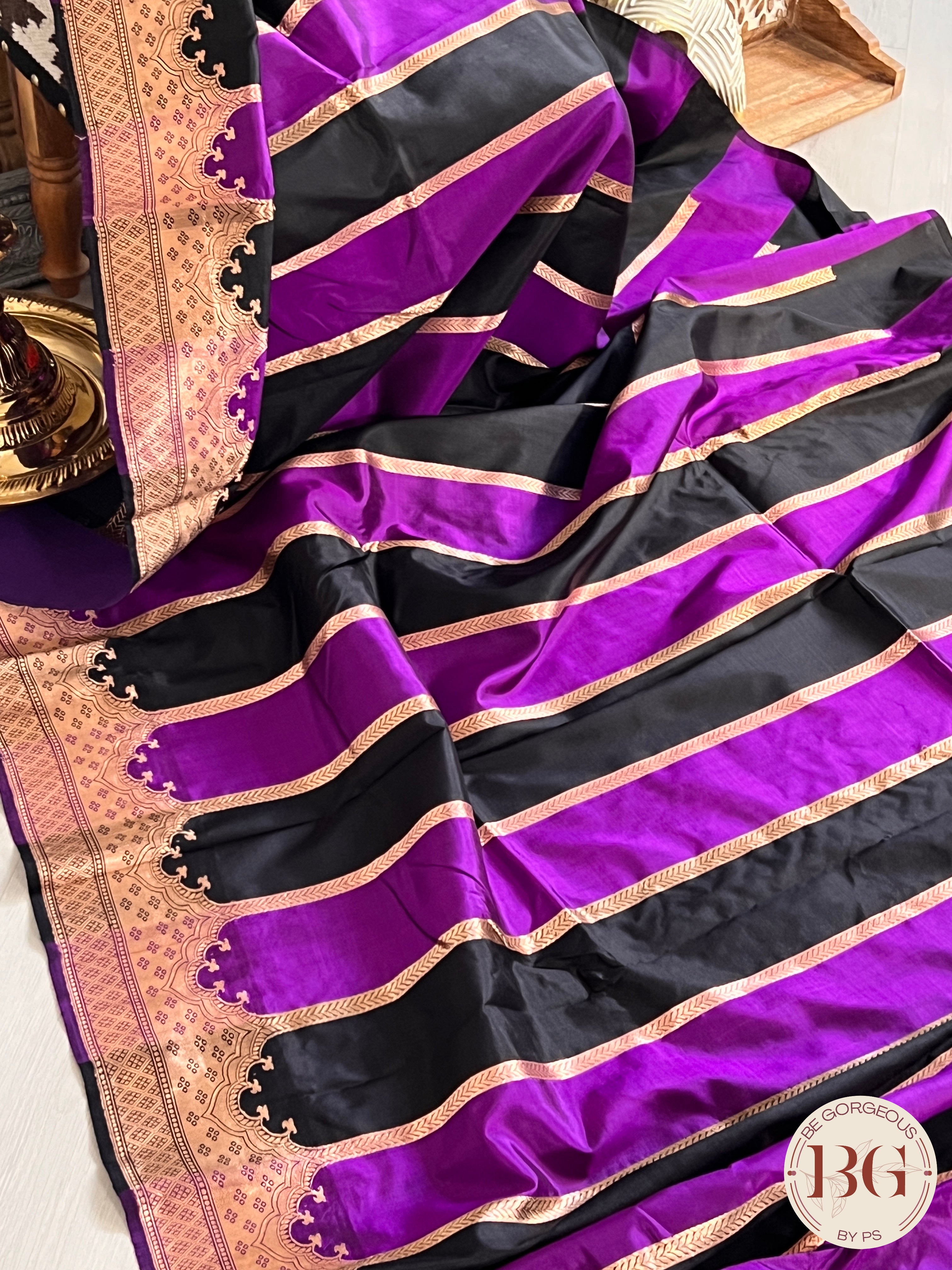 Banarasi Handloom Katan Silk antique zari khadua weaved saree, silkmark certified - Black Purple