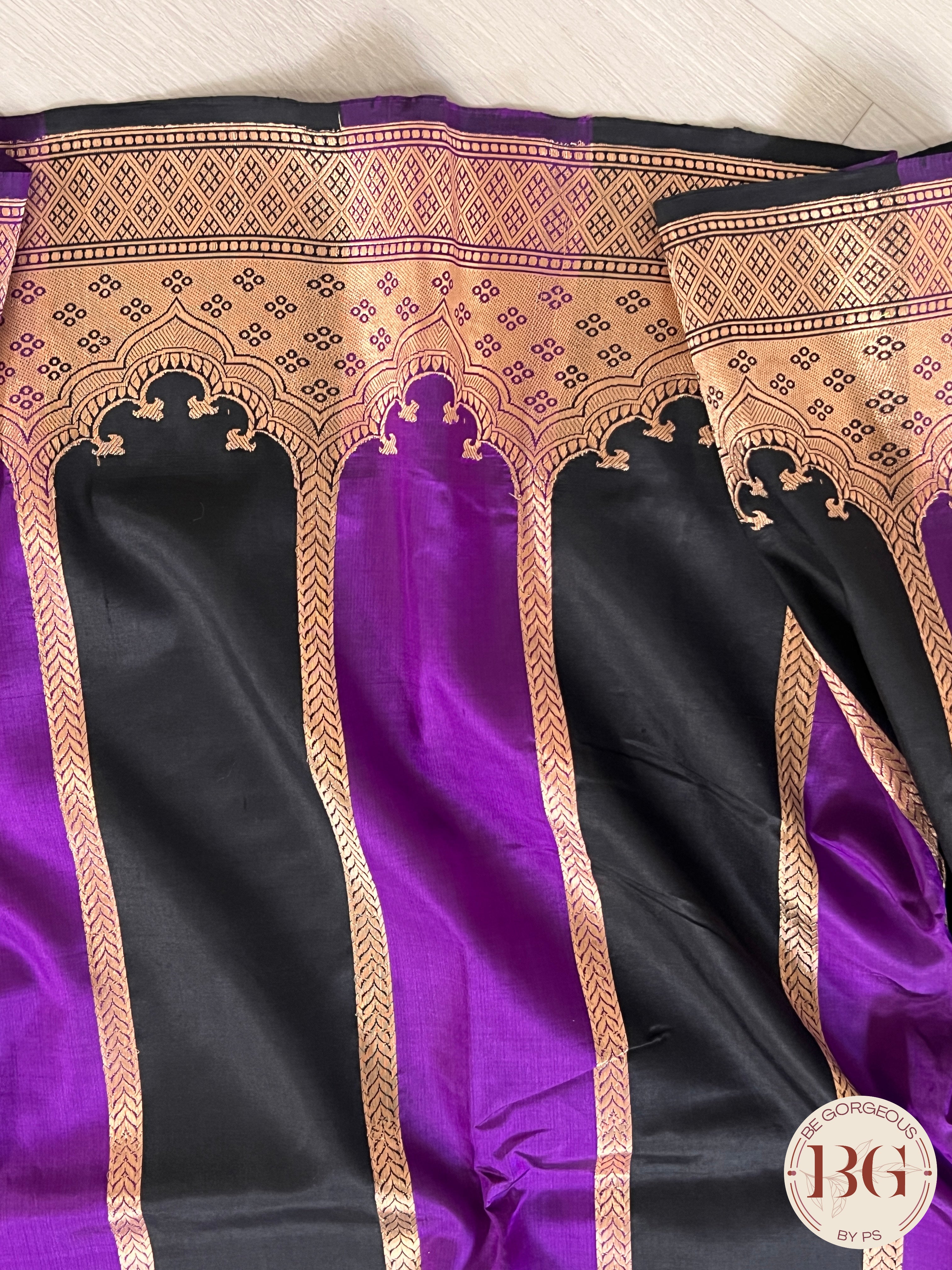 Banarasi Handloom Katan Silk antique zari khadua weaved saree, silkmark certified - Black Purple