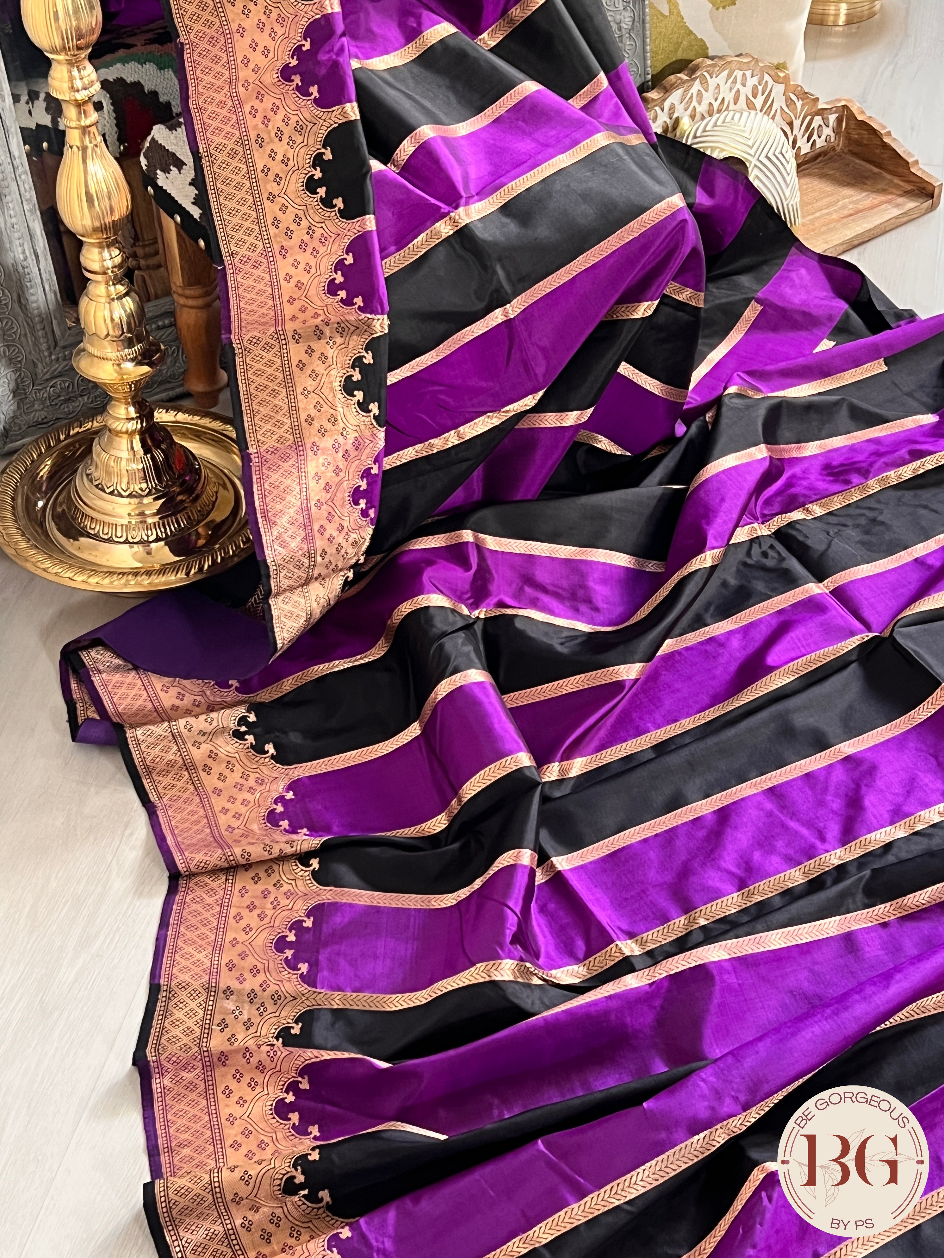 Banarasi Handloom Katan Silk antique zari khadua weaved saree, silkmark certified - Black Purple