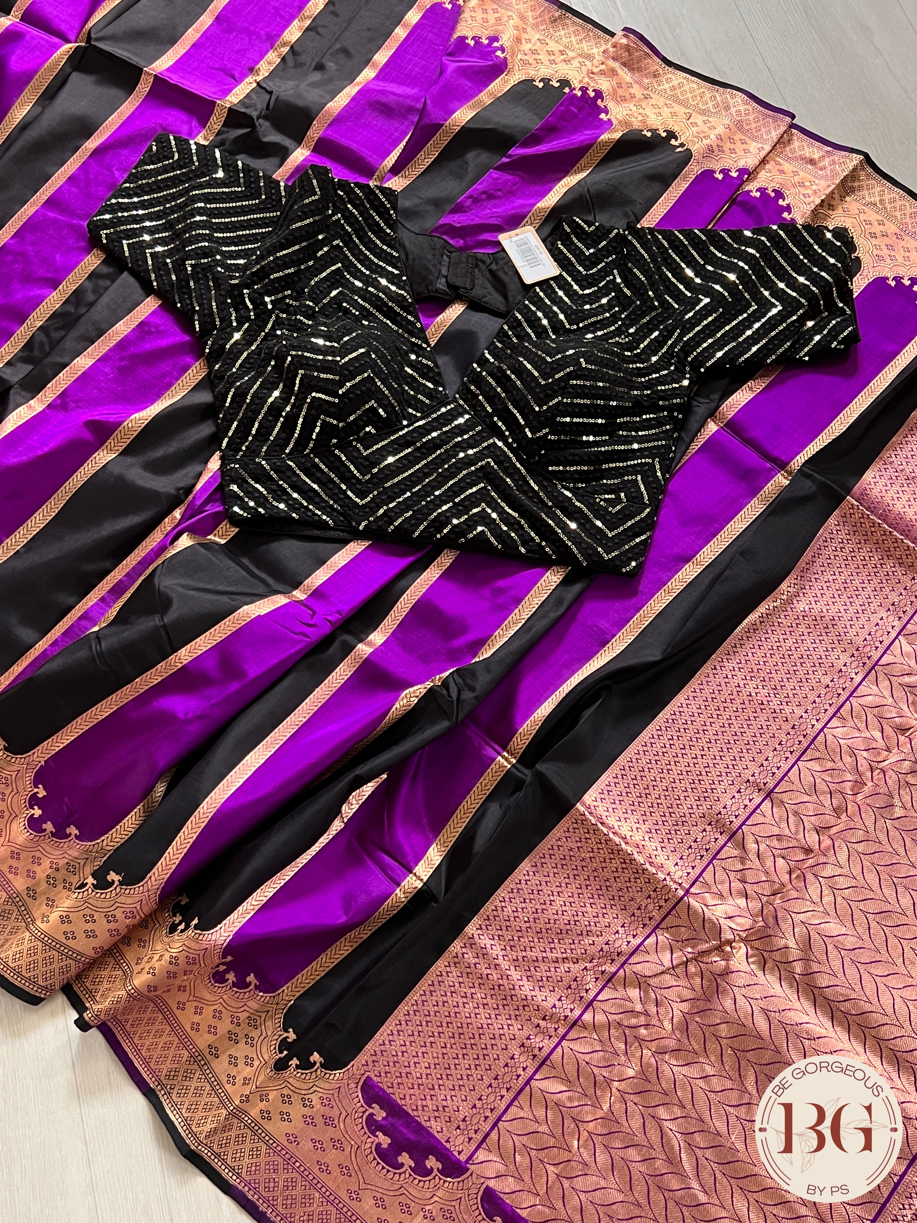 Banarasi Handloom Katan Silk antique zari khadua weaved saree, silkmark certified - Black Purple