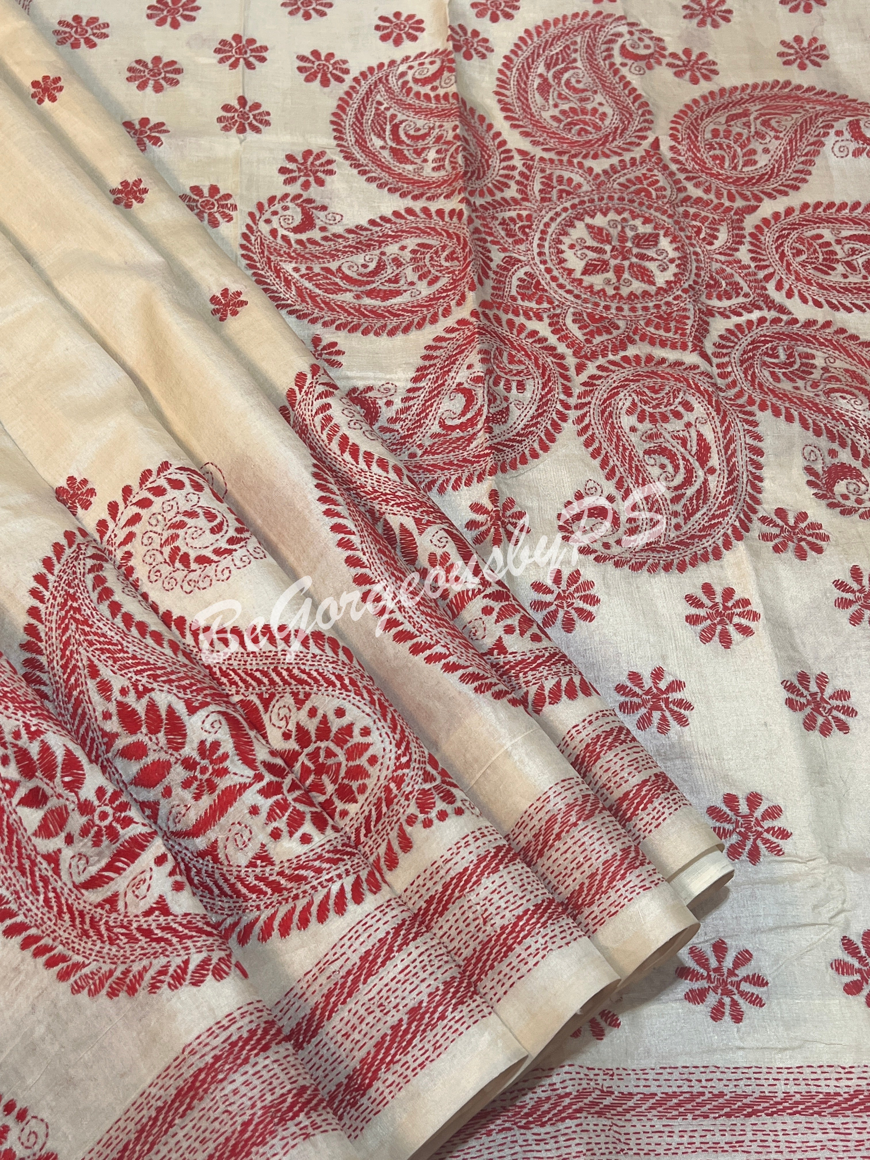 KANTHA TUSSAR BEIGE RED SAREE