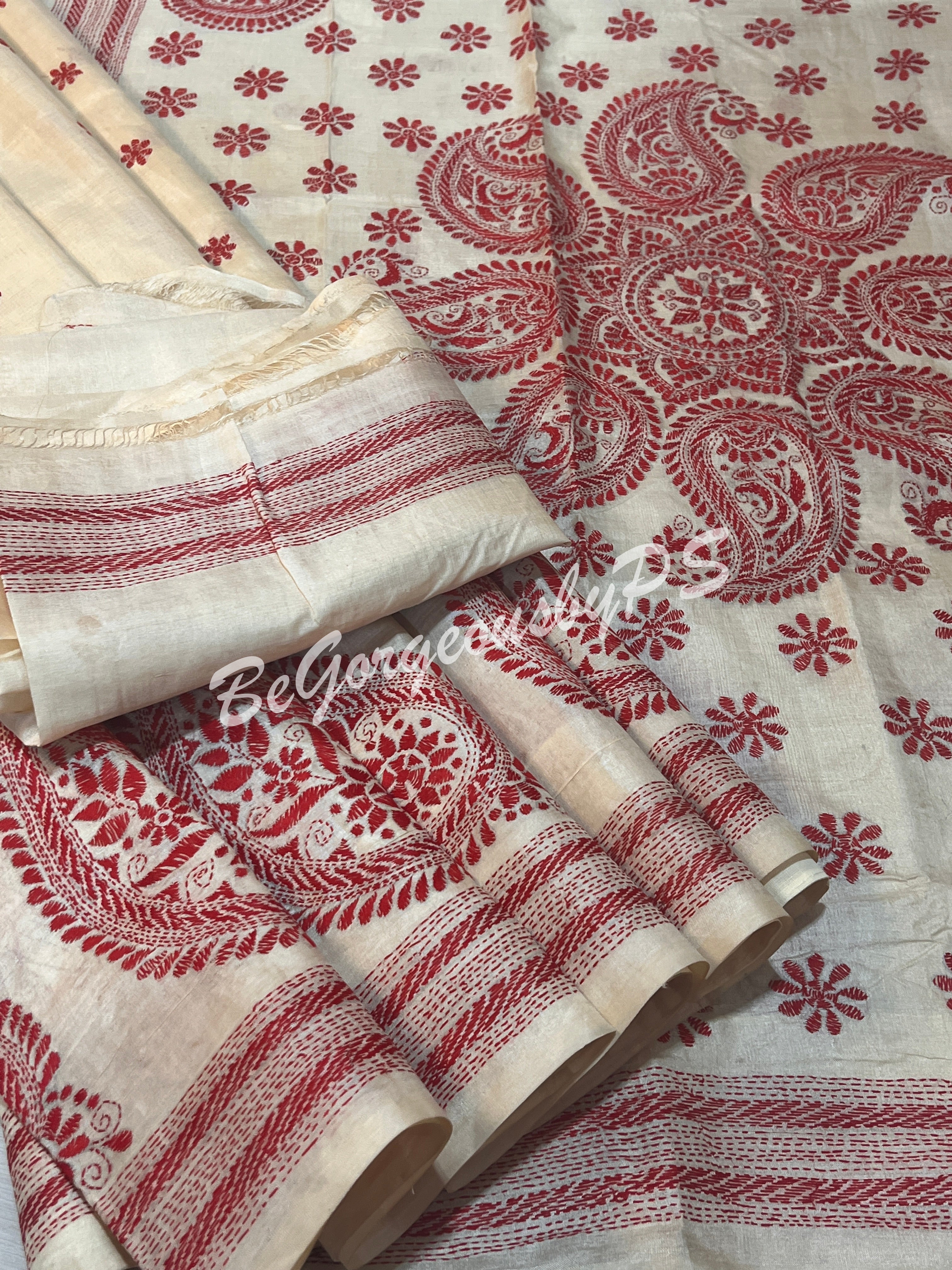 KANTHA TUSSAR BEIGE RED SAREE