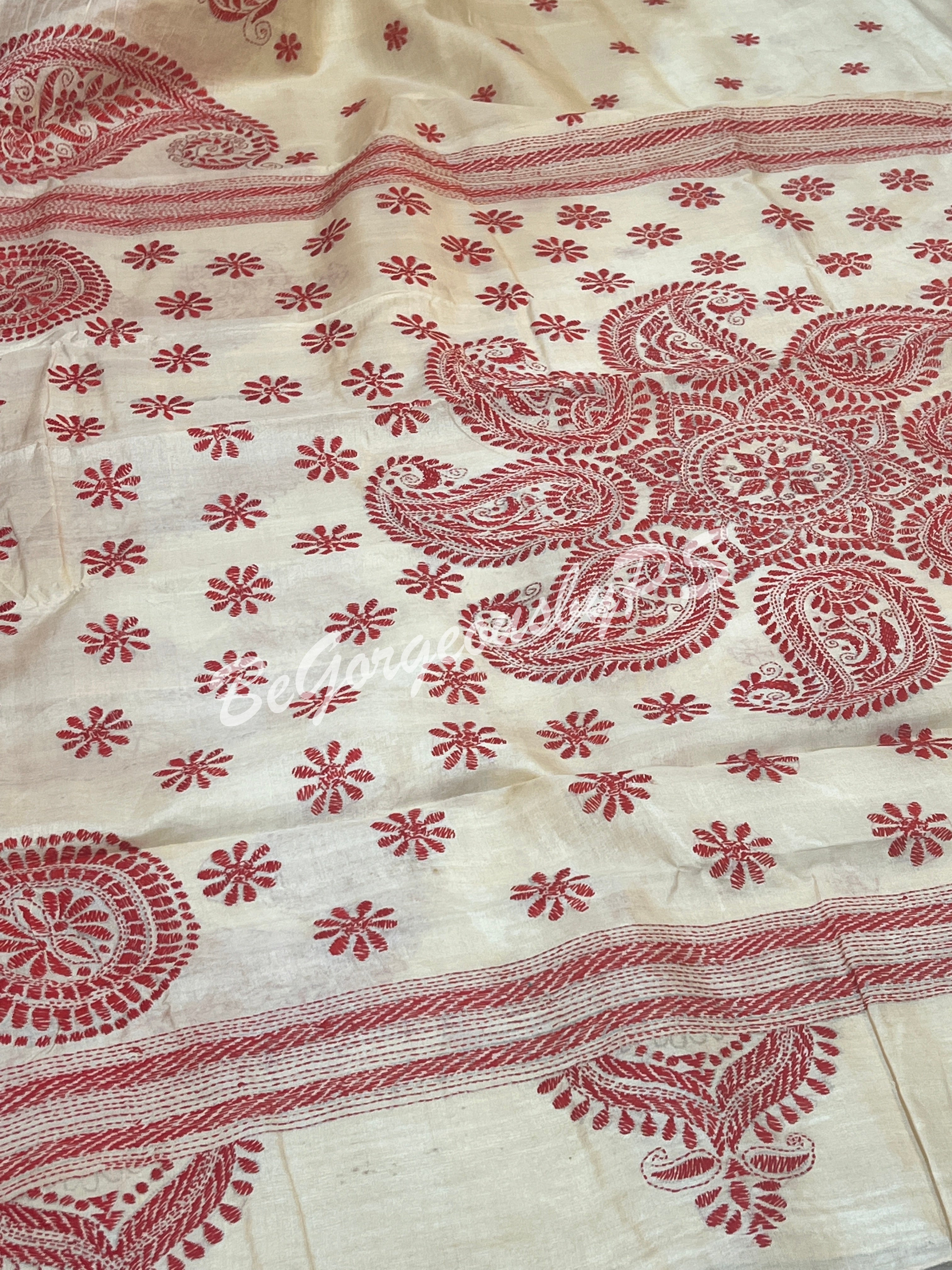 KANTHA TUSSAR BEIGE RED SAREE