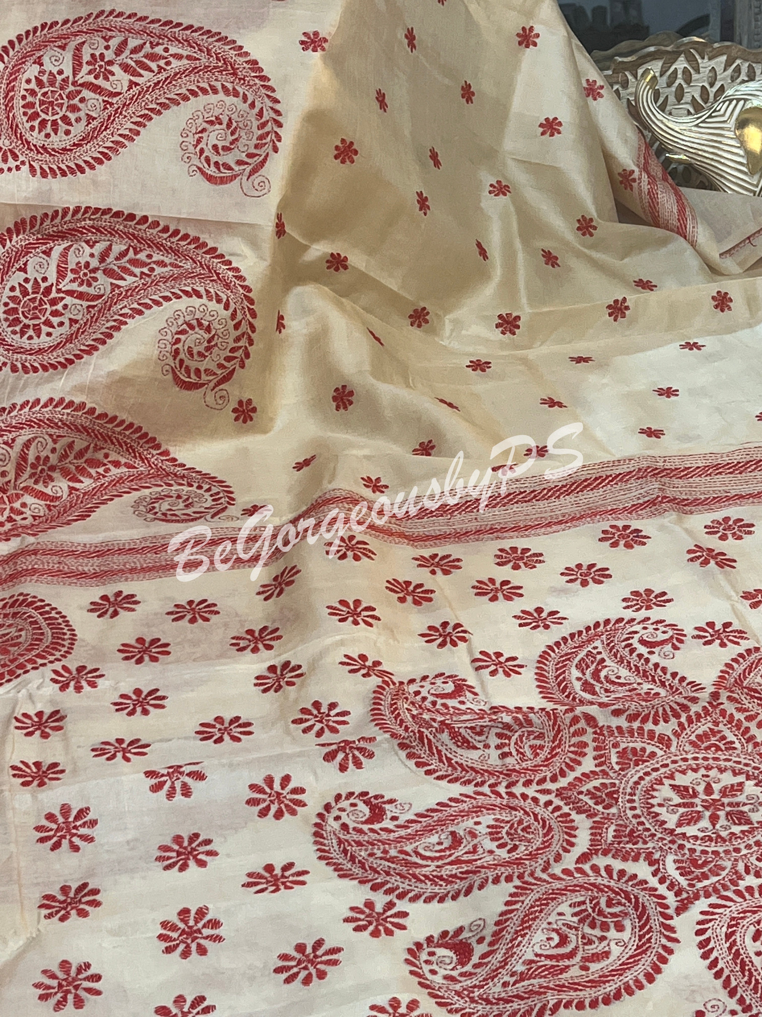 KANTHA TUSSAR BEIGE RED SAREE