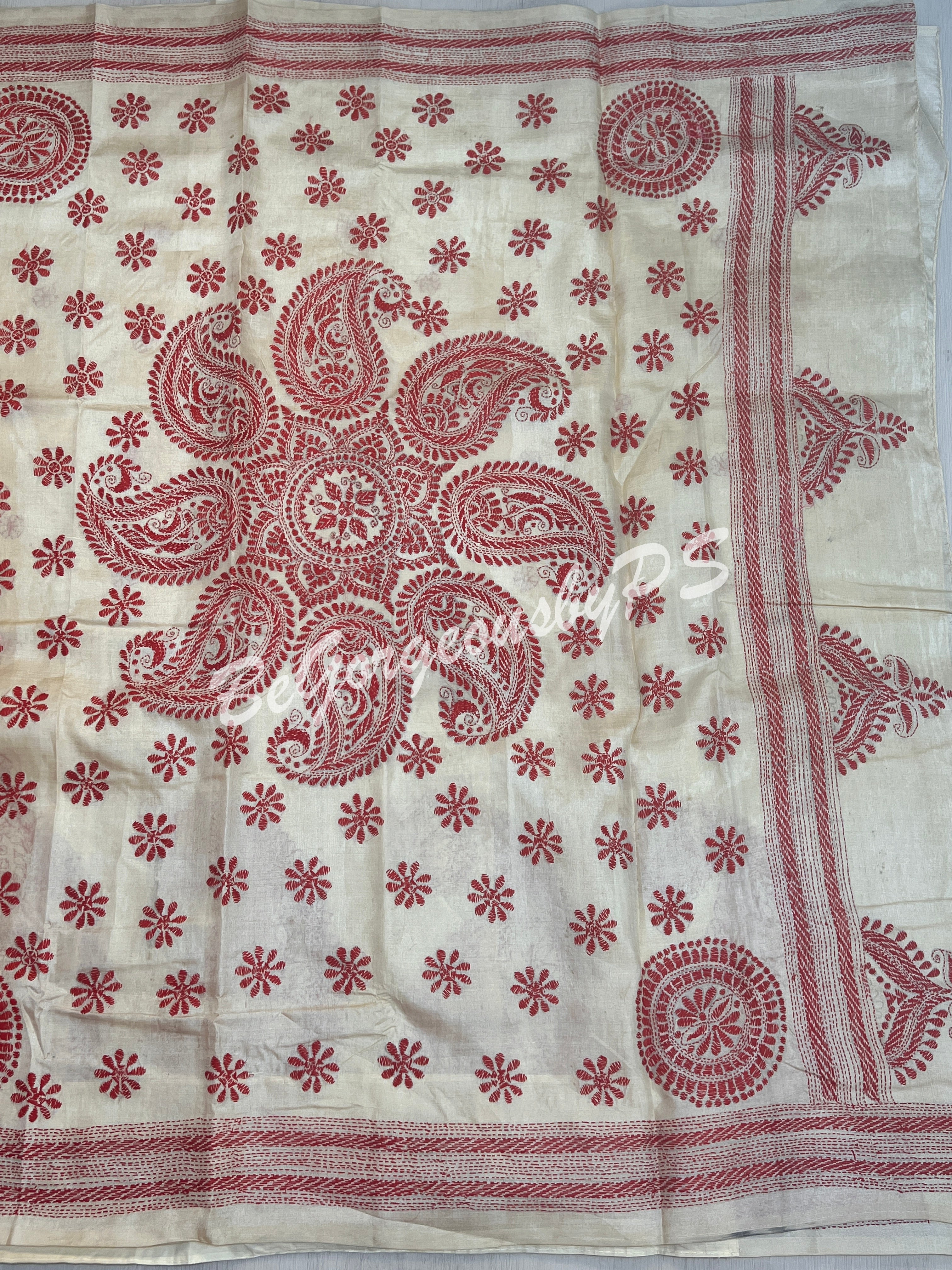 KANTHA TUSSAR BEIGE RED SAREE