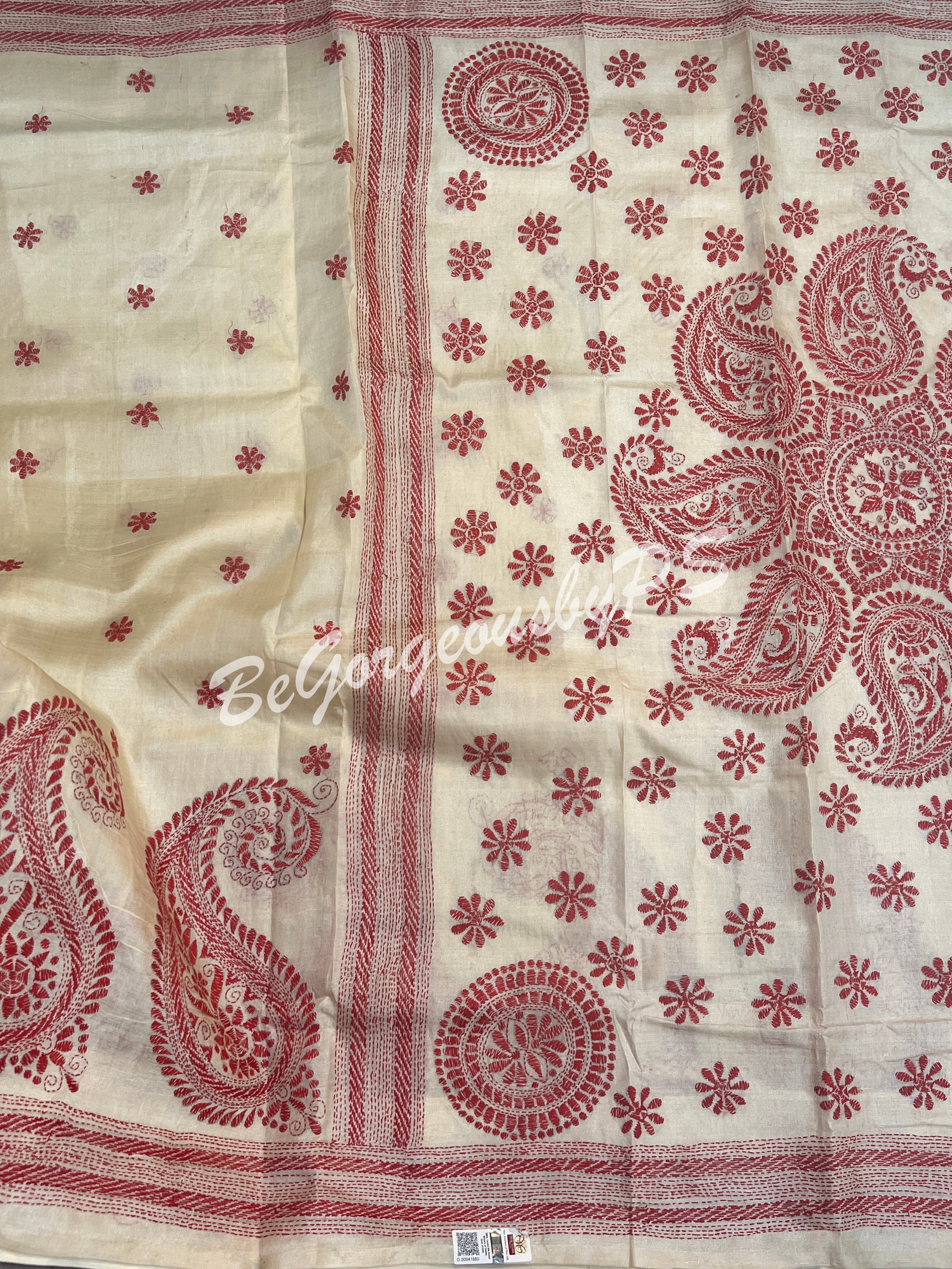 KANTHA TUSSAR BEIGE RED SAREE