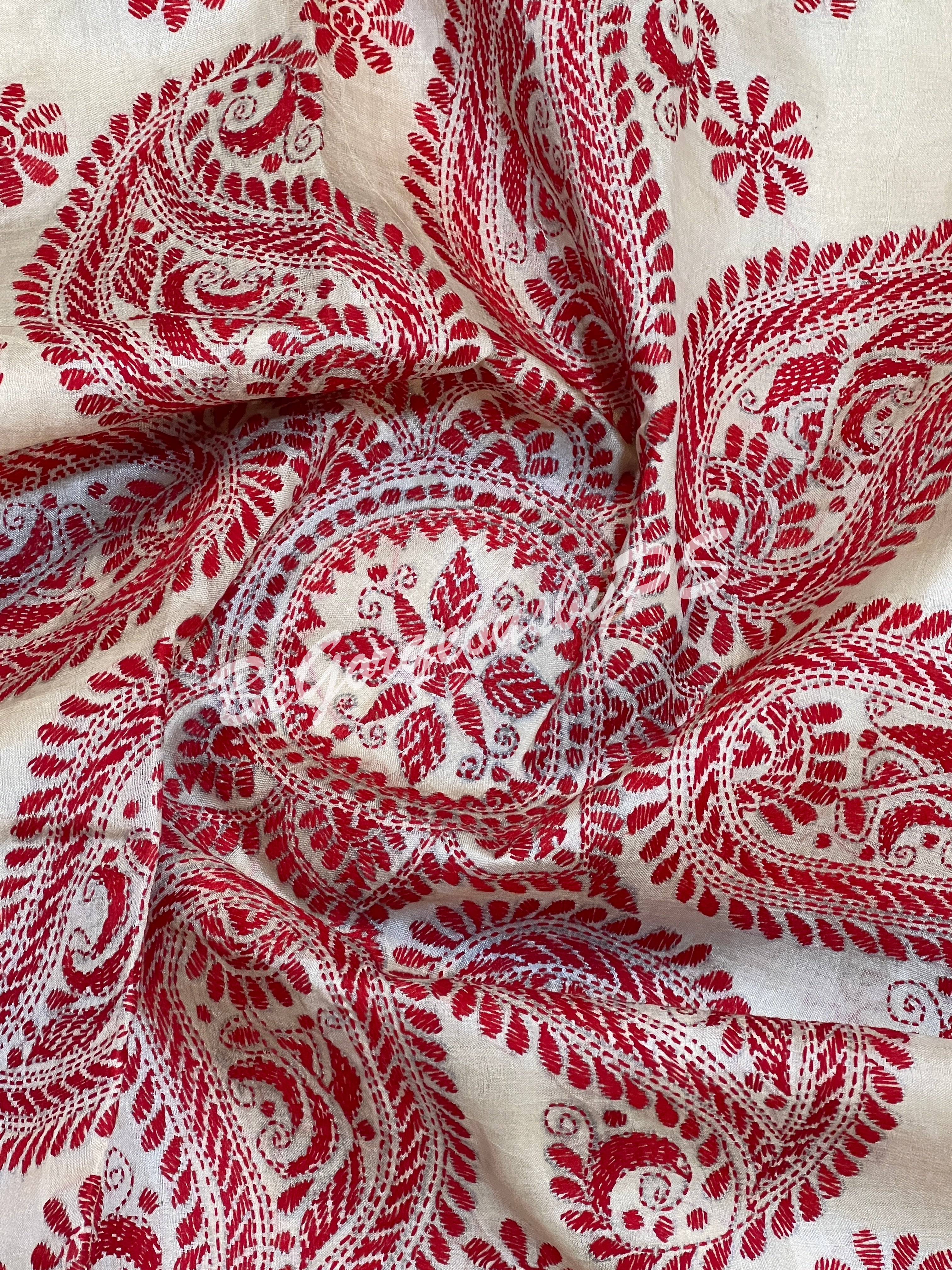 KANTHA TUSSAR BEIGE RED SAREE