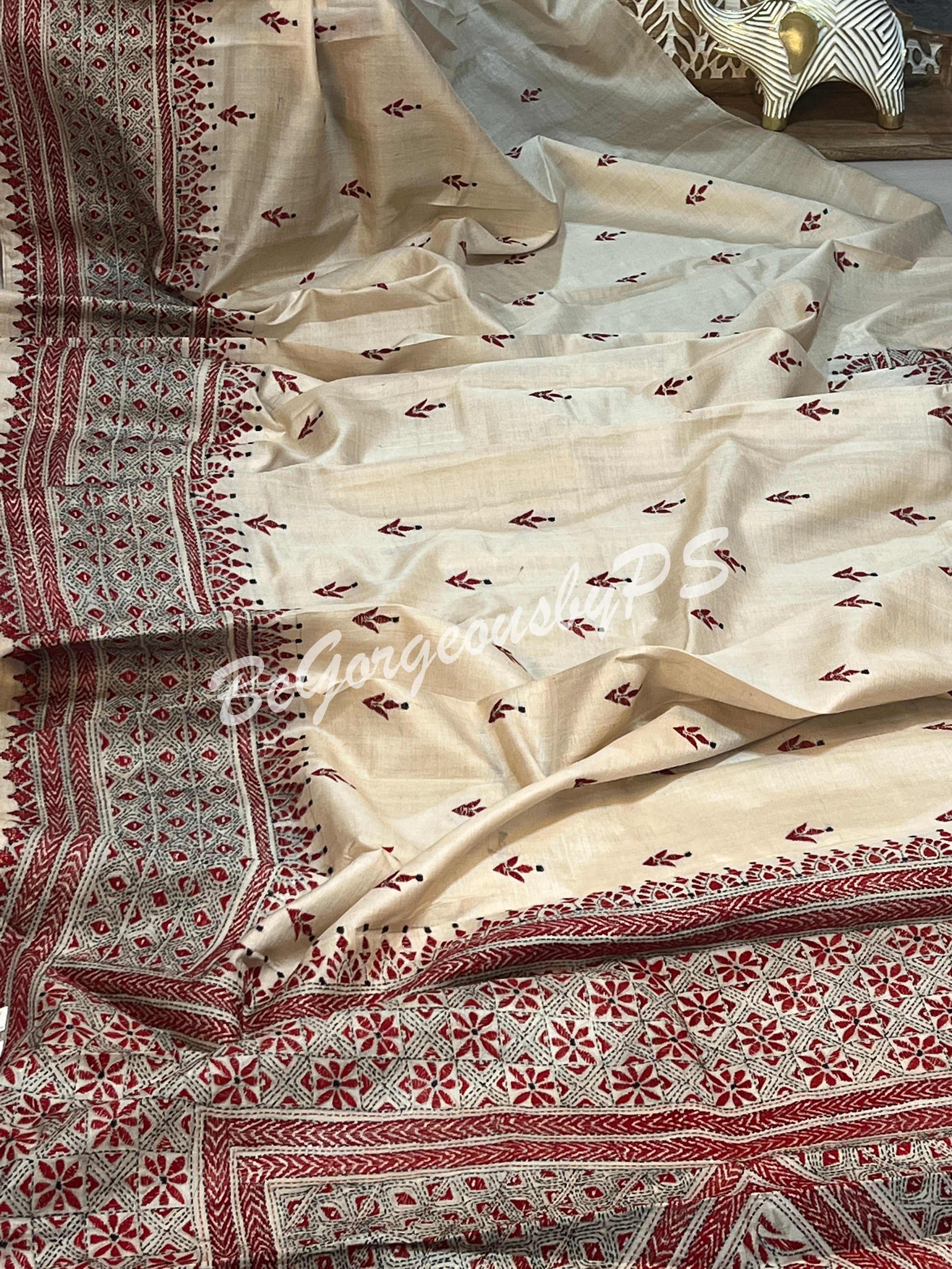 KANTHA TUSSAR BEIGE RED & BLACK SAREE
