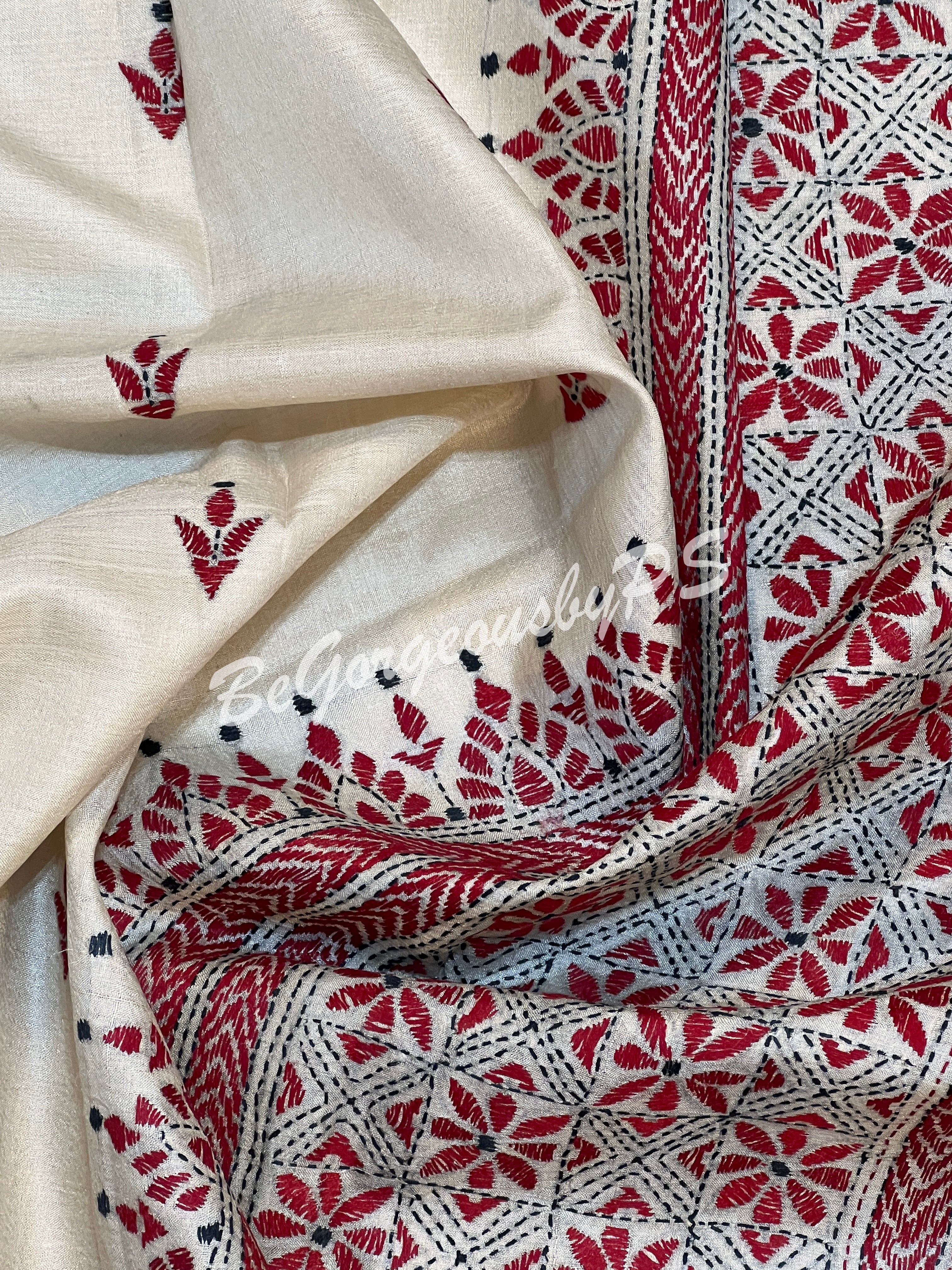 KANTHA TUSSAR BEIGE RED & BLACK SAREE