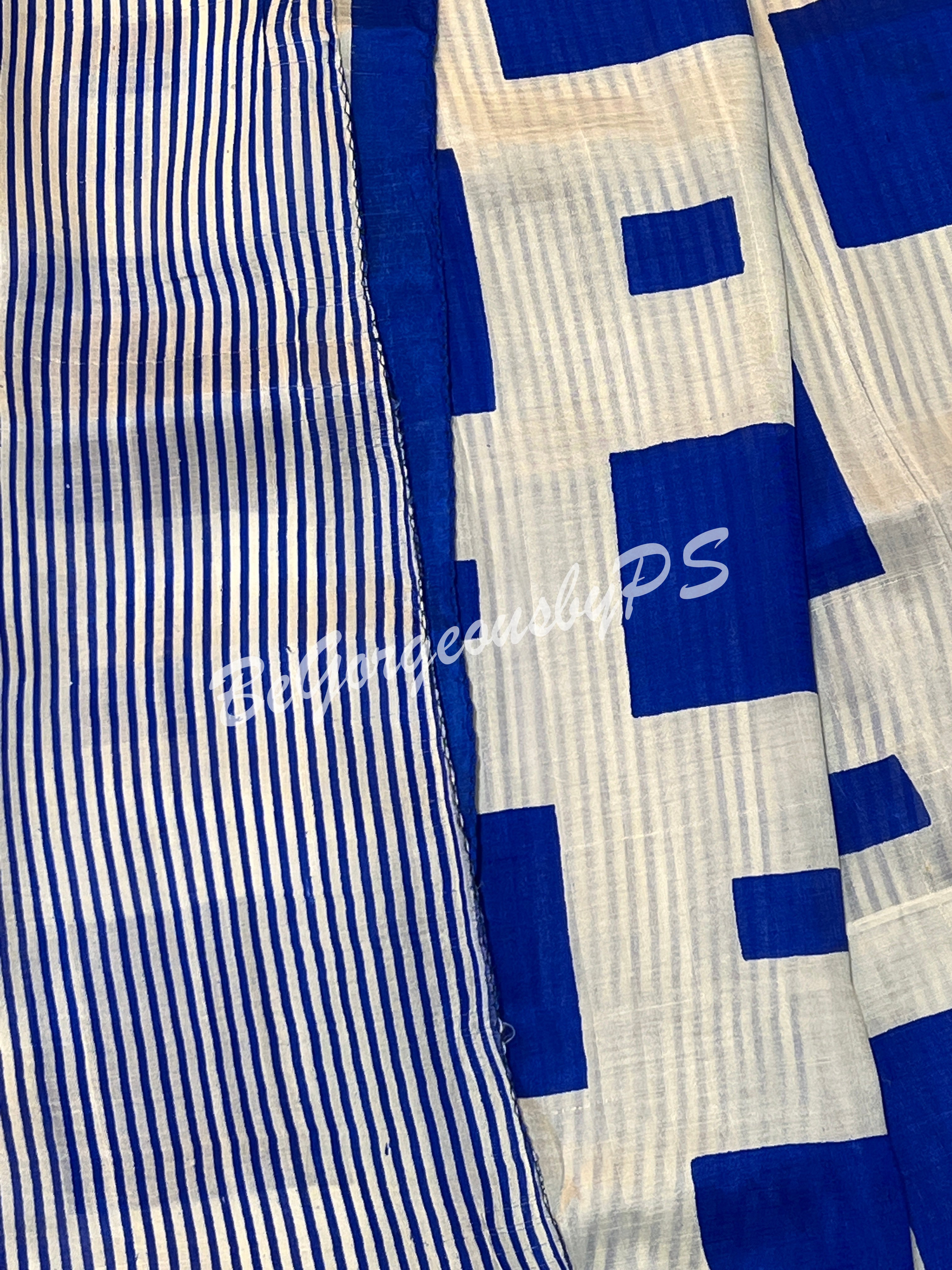 MURSHIDABAD HAND PAINTED BU/BLUE ABSTRACT PRINT SAREE